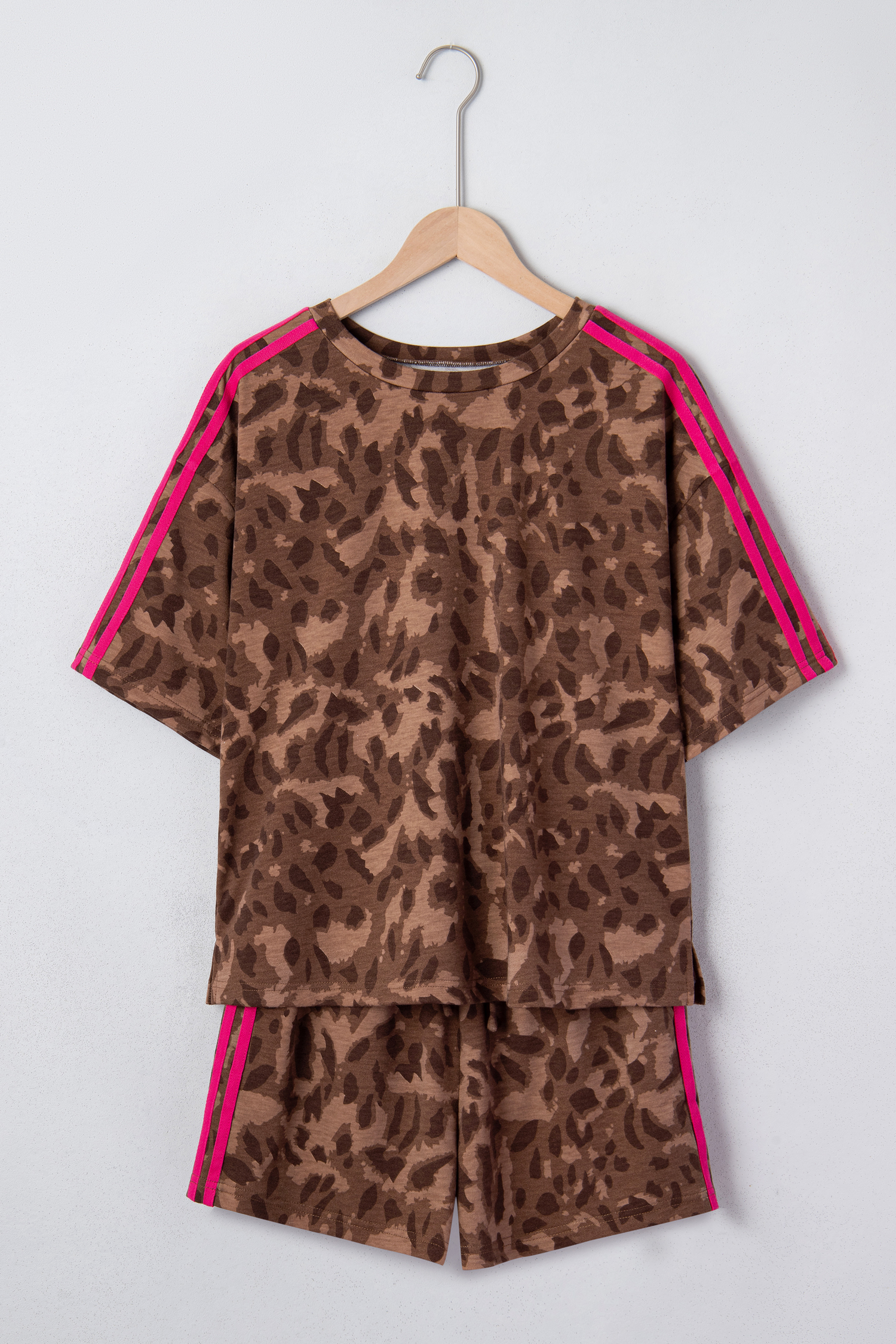 Brown Leopard Loose Tee Drawstring Waist Barrel Pants Set