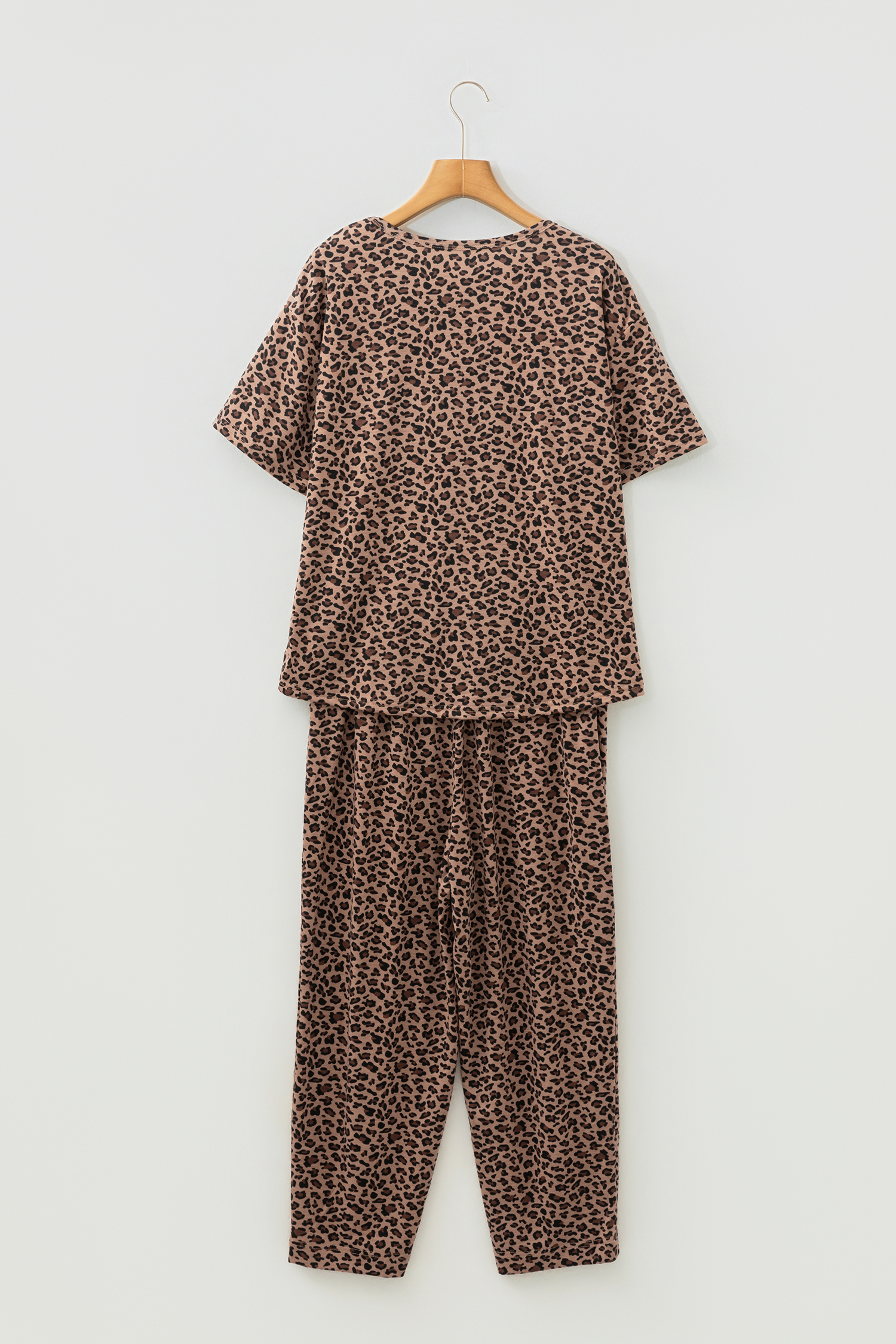Brown Leopard Loose Tee Drawstring Waist Barrel Pants Set