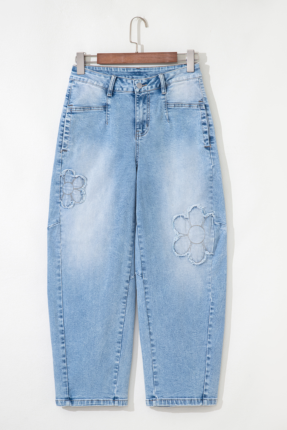 Beau Blue Flower Patched Light Wash Cropped High Waist Jeans