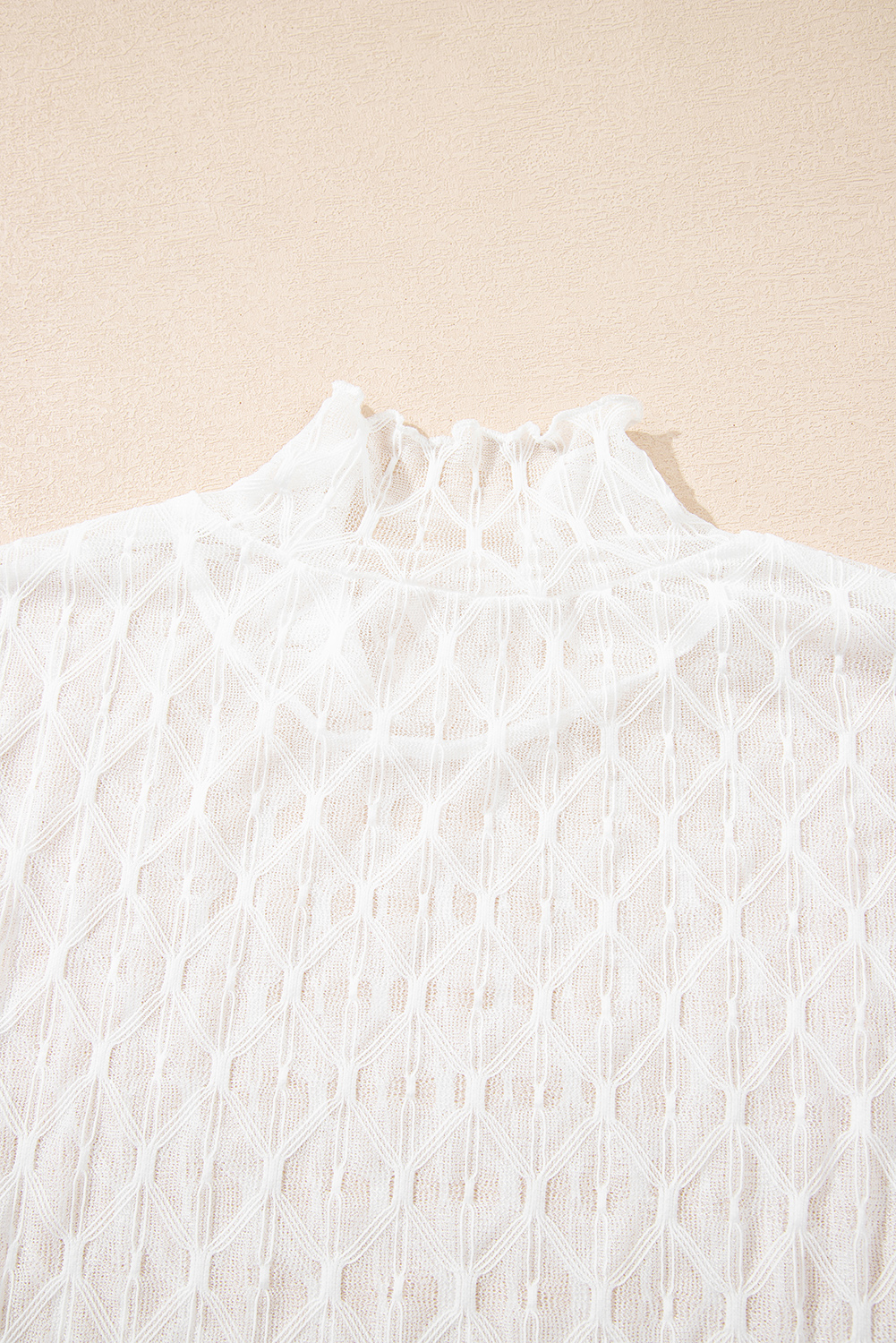 Coffee Sheer Mesh Patterned Lettuce Trim Slim Long Sleeve Top