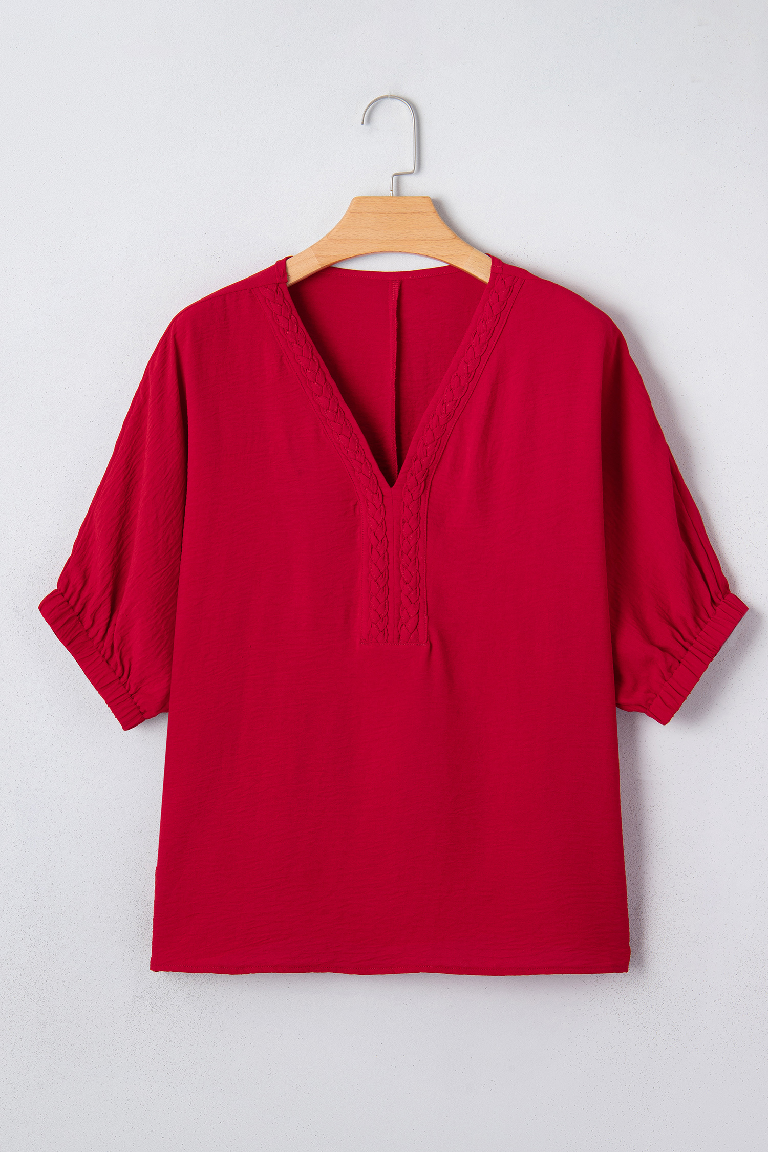Racing Red Braided Trim V Neck Half Sleeve Blouse