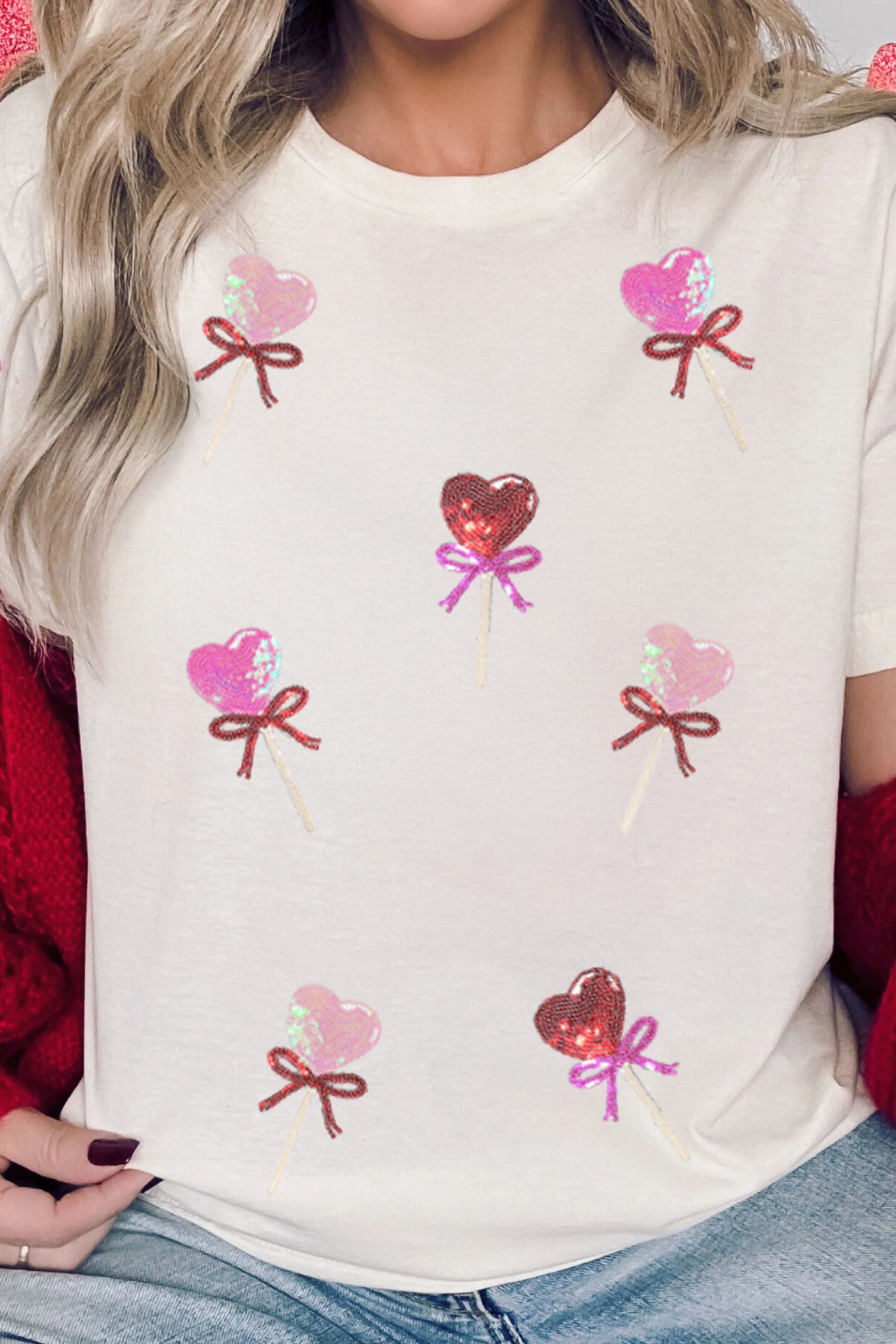White Sequin Bow Heart Shape Lolly Valentines Day Graphic Tee