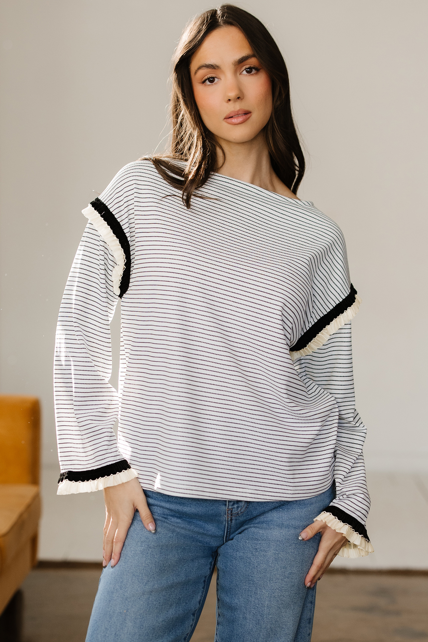 White Stripe Contrasted Ruffle Trim Loose Long Sleeve Top