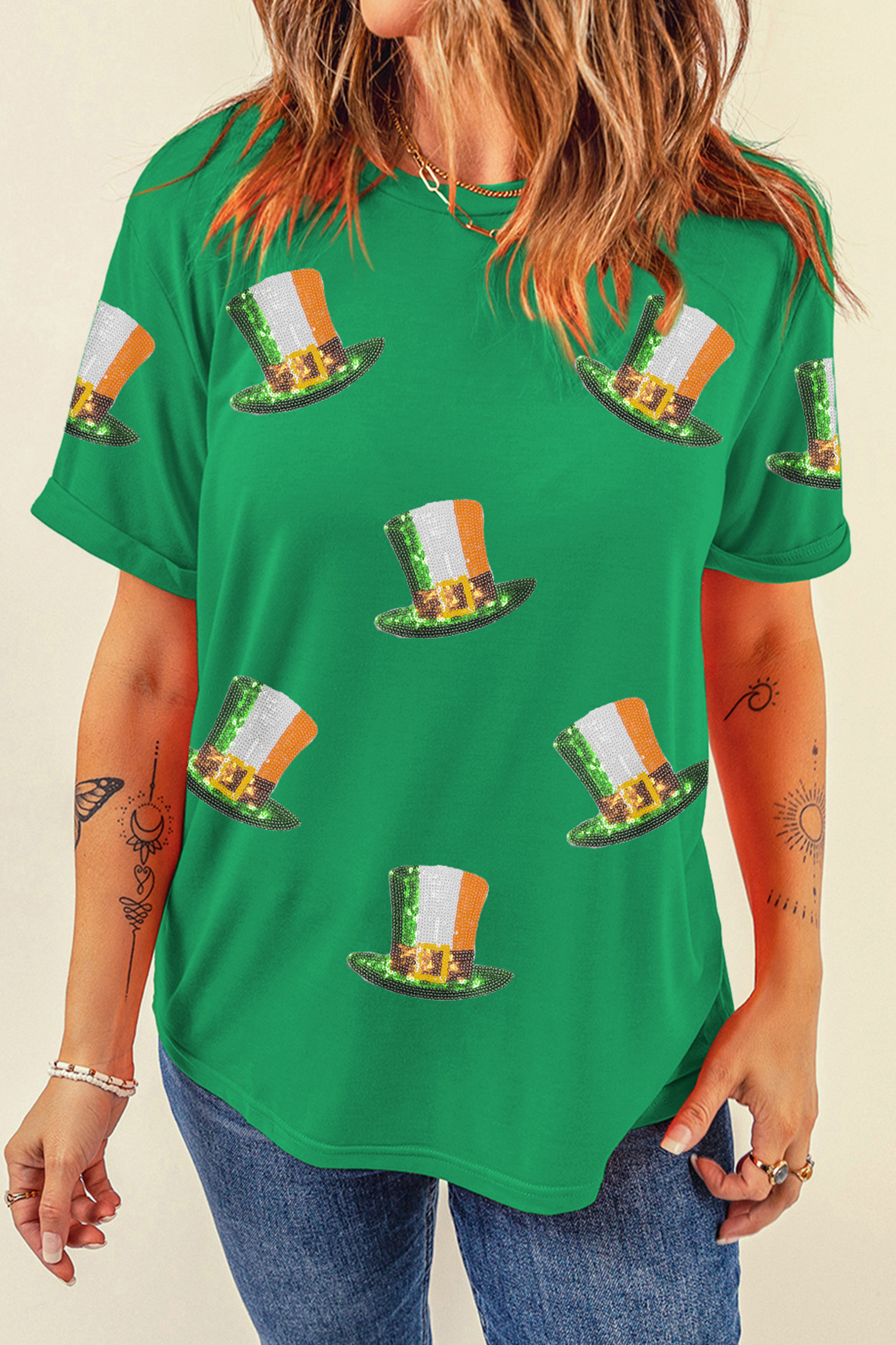 Bright Green Sequin St Patricks Day Hat Relaxed T Shirt