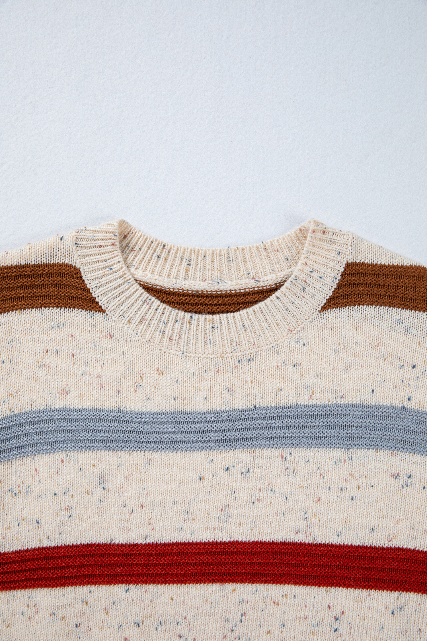 Beige Stripe Exposed Seam Drop Shoulder Heathered Knit Sweater