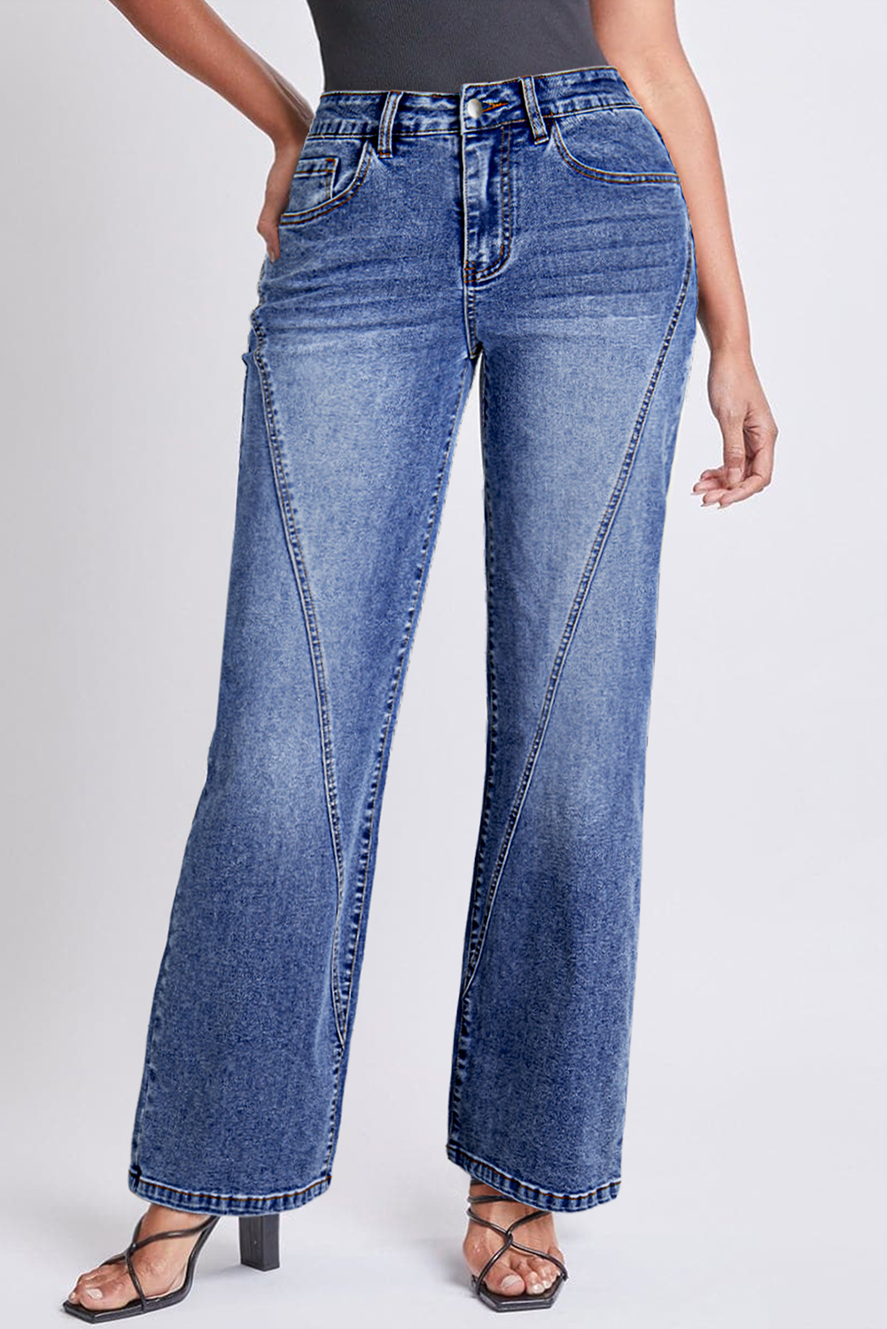 Dark Blue Trendy Seam Detail Straight Leg Jeans