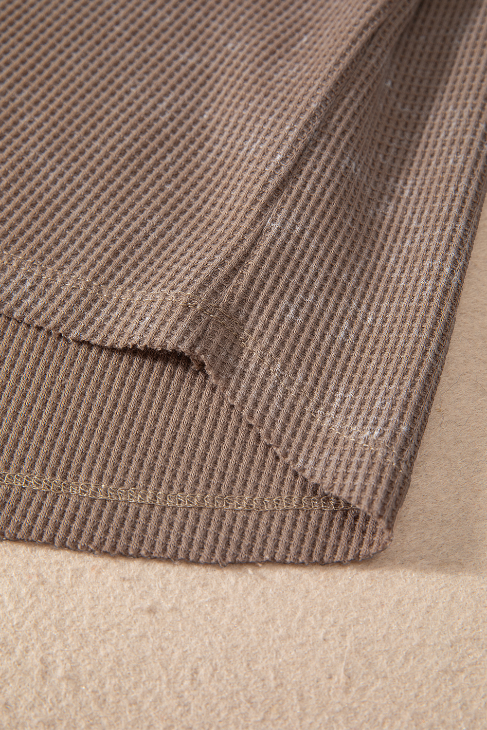 Smoke Green Acid Wash Waffle Knit Buttoned Neckline Long Sleeve Top