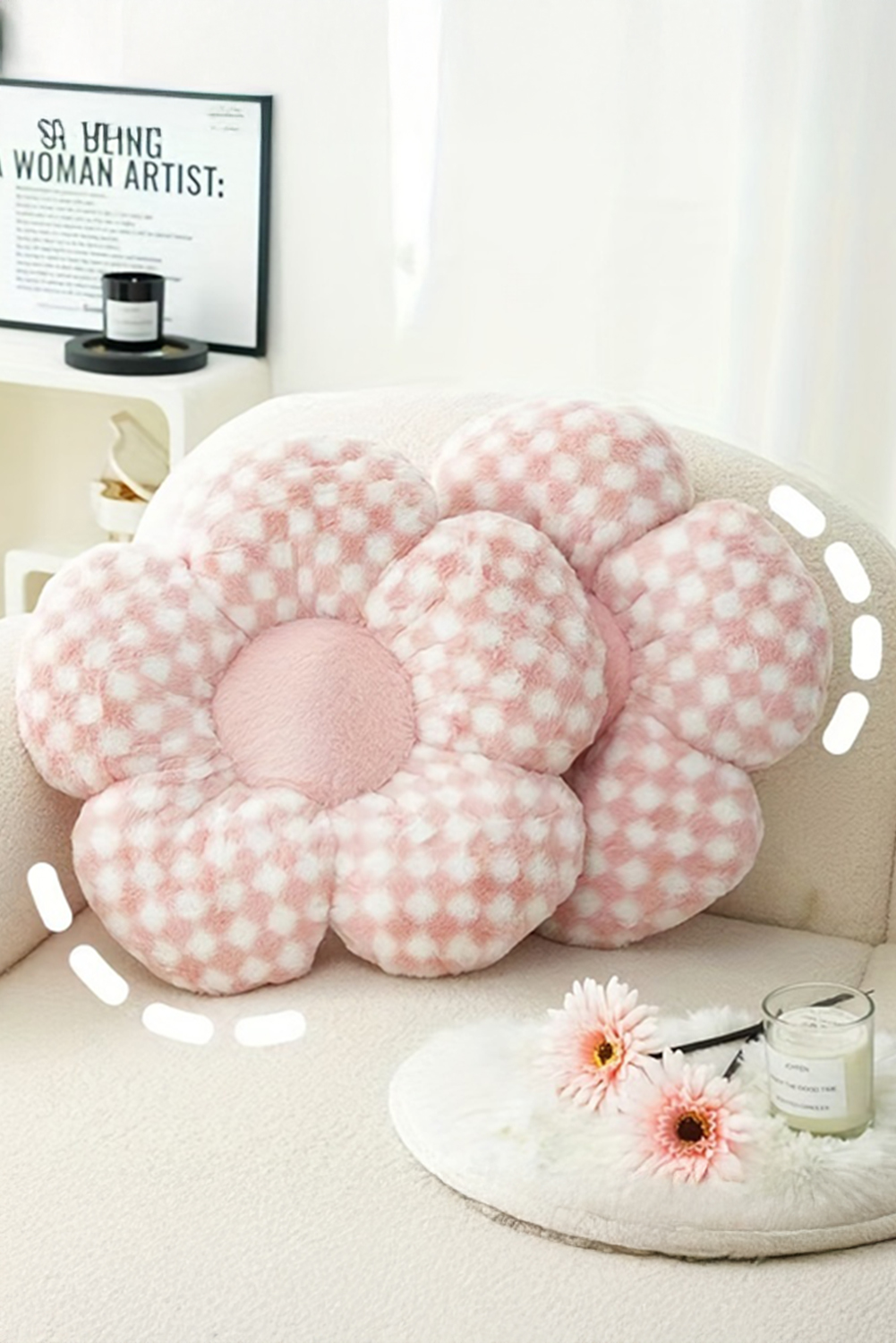 Pink Checkered Flower Shape Soft Sofa Cushion