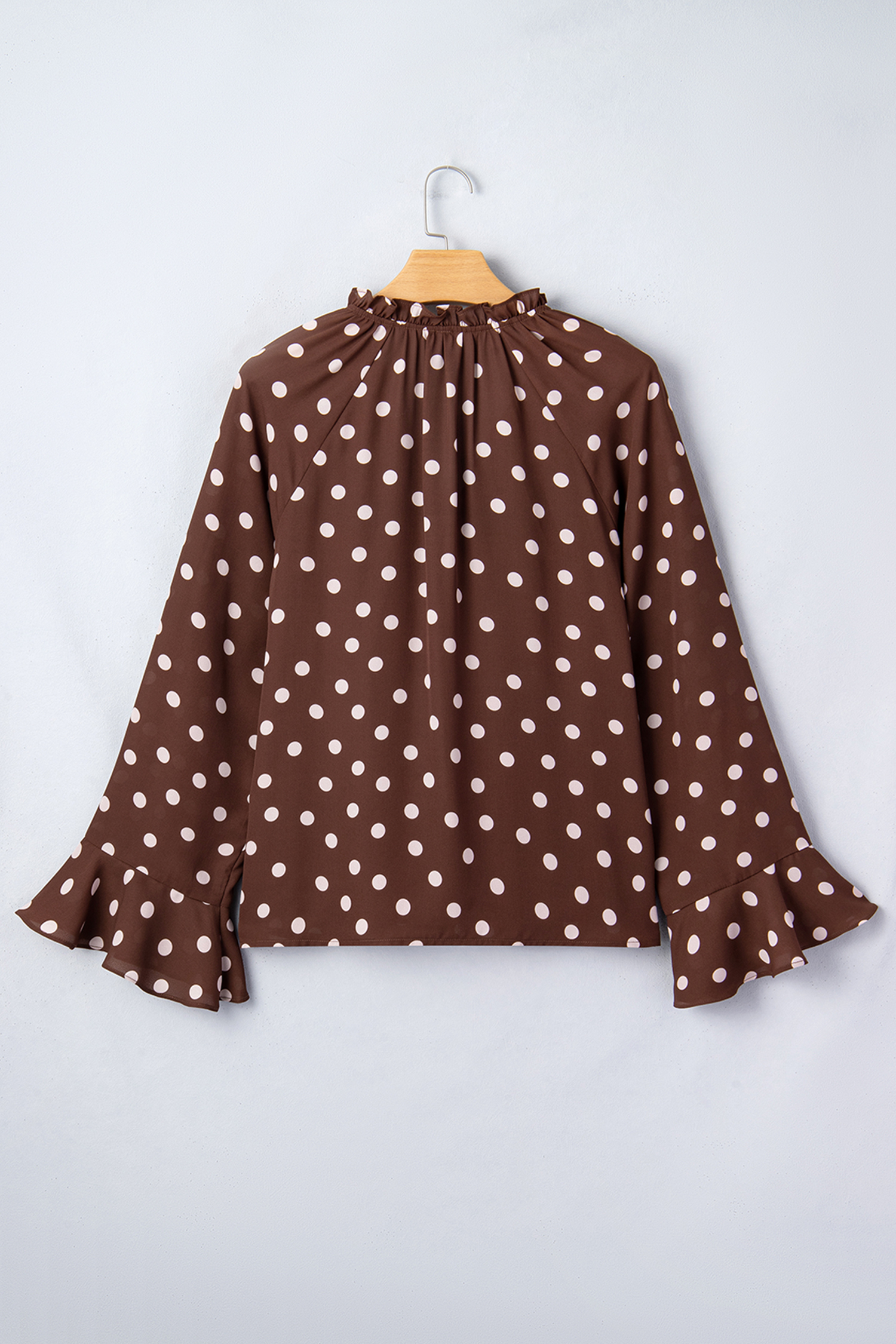 Coffee Polka Dot Print Ruffle Trim V Neck Long Bell Sleeve Blouse