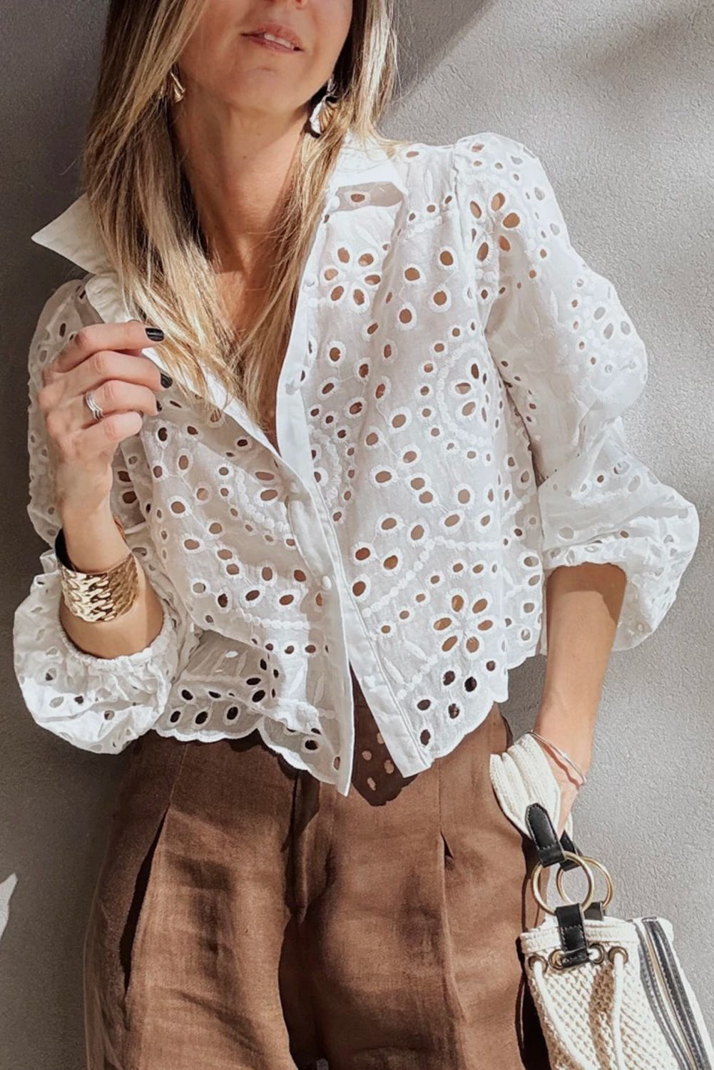 White Eyelet Embroidered Puff Sleeve Crop Shirt