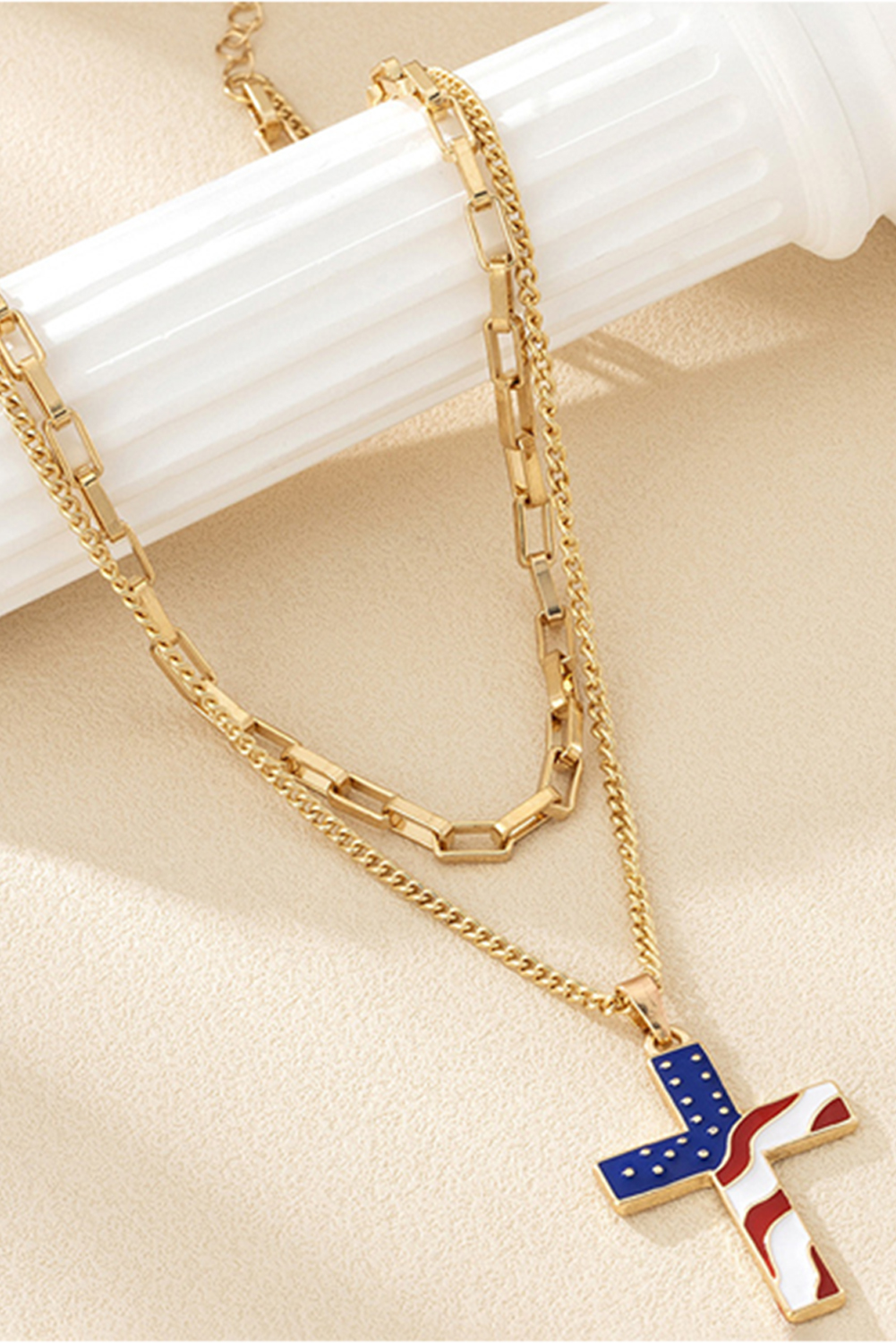 Gold Plated Double Chain Stars and Stripes Cross Pendent Necklace