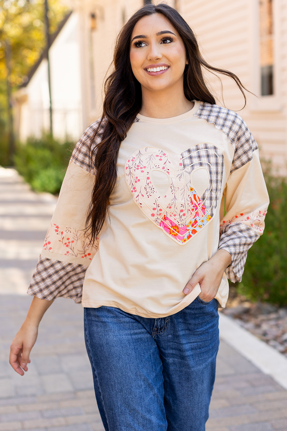 Beige Flower Patch Graphic Exposed Seam Wide Sleeve Top