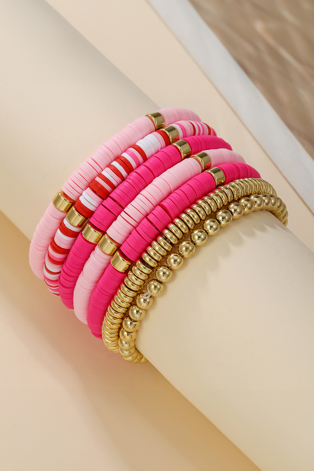 Bright Pink 7pcs Gold Plated Clay Beading Multi Layered Bracelet Set