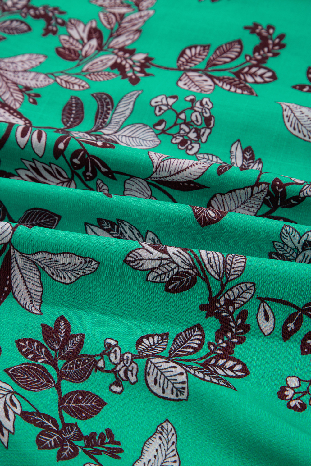 Green Leaves Print Contrast Trim V Neck Shirred Puff Sleeve Blouse