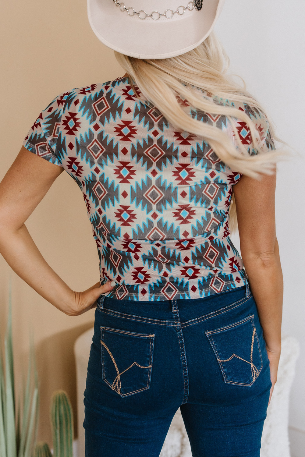 Blue Western Aztec Print Mesh Slim T Shirt