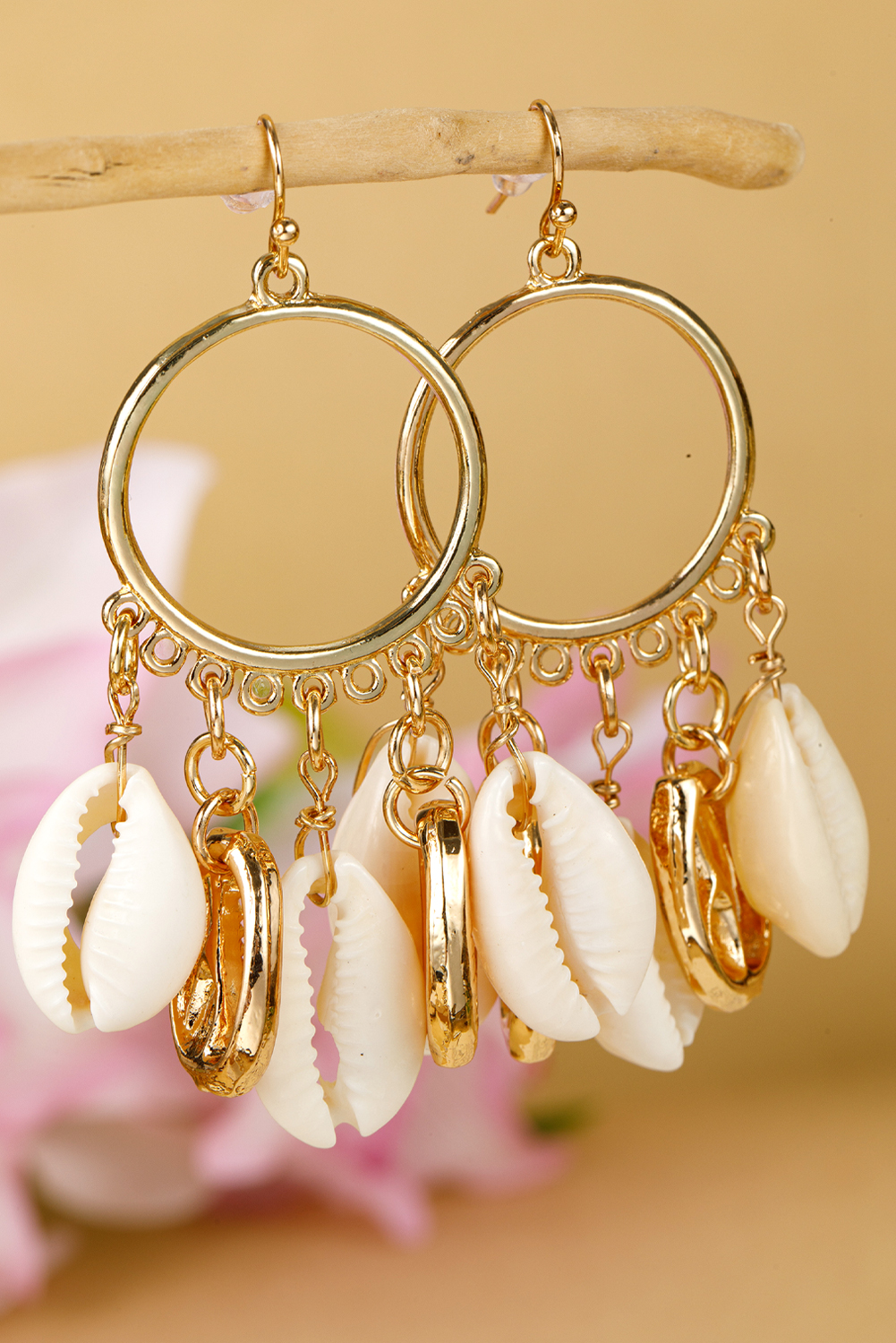 Gold Seashell Charm Hoop Dangle Earrings
