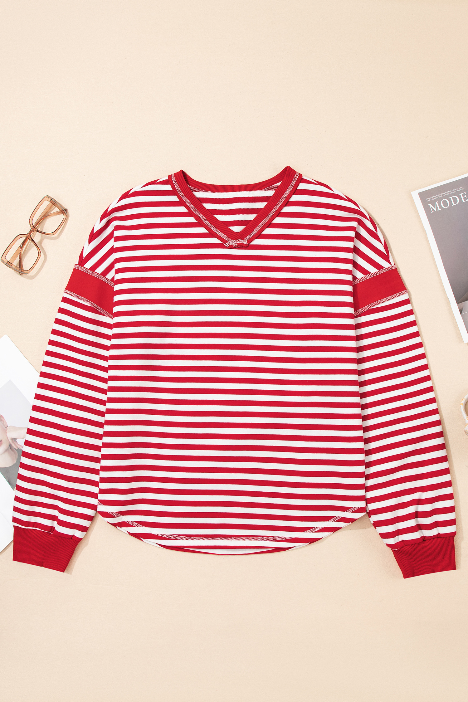 Red Stripe Exposed Seam V Neck Balloon Sleeve Pullover