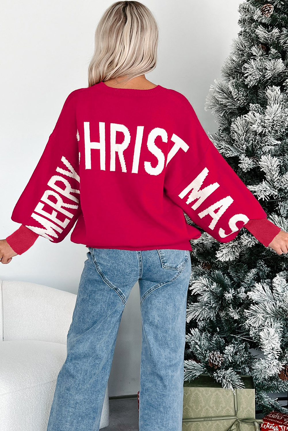 White Chenille Graphic Drop Shoulder Holiday Sweater