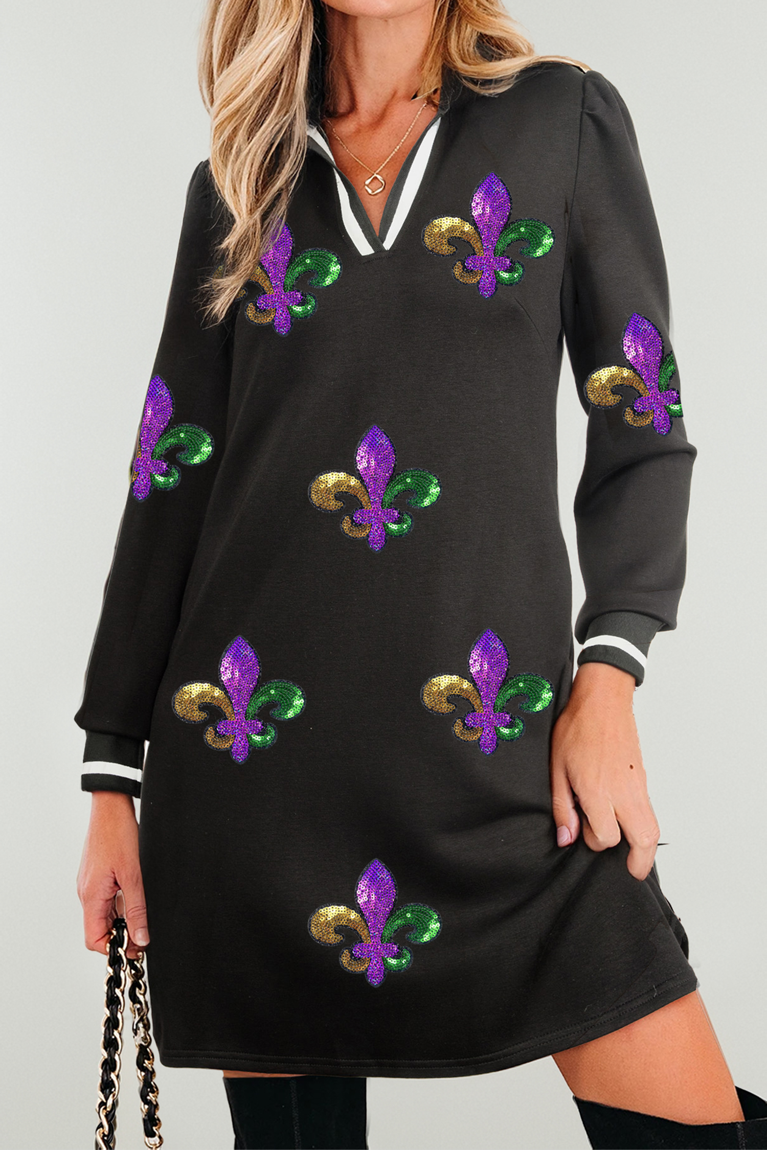 Black Sequin Fleur De Lis Mardi Striped Trim Collar Long Sleeve Mini Dress