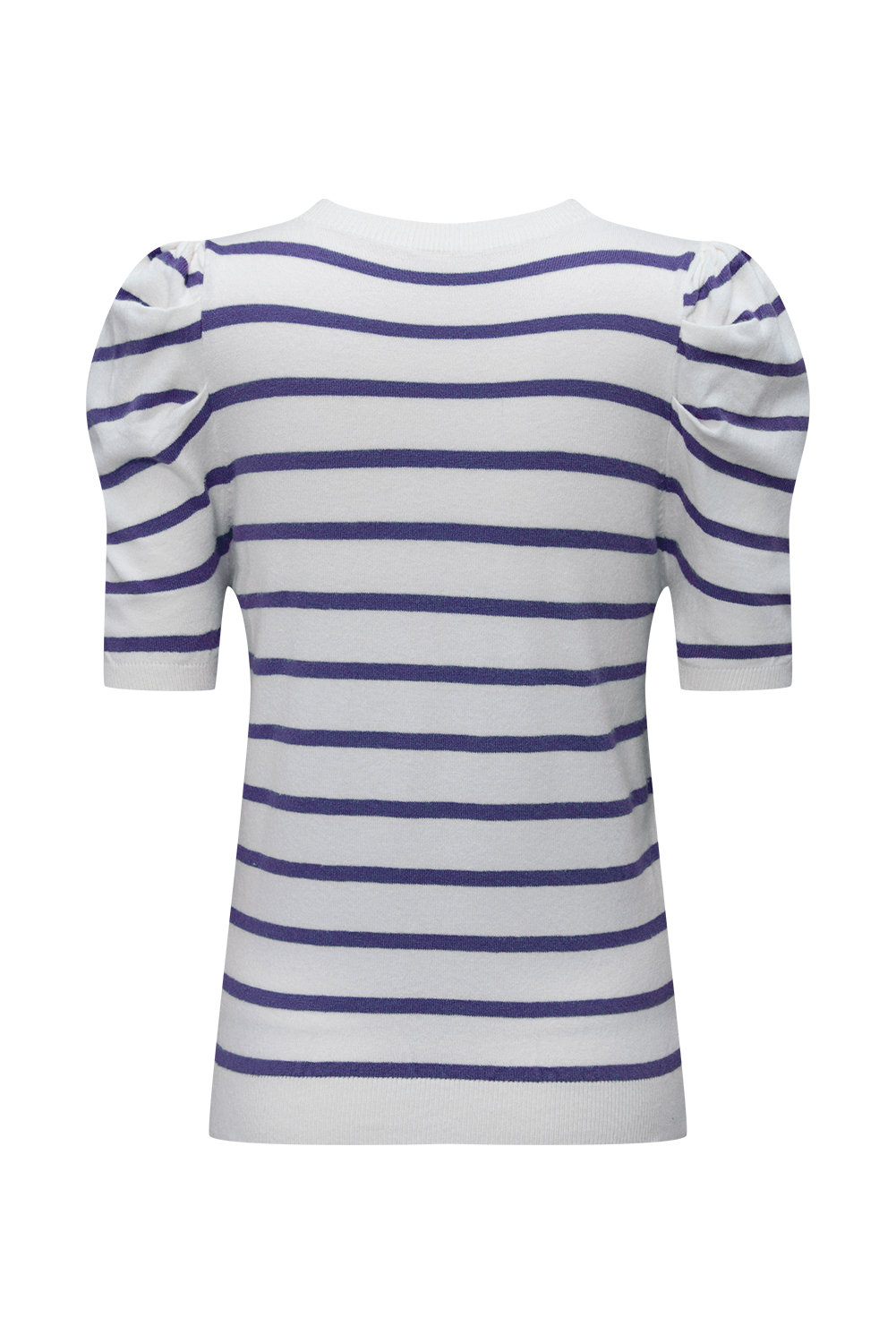 Blue Stripe Ribbed Trim Round Neck Bubble Sleeve Knitted Top