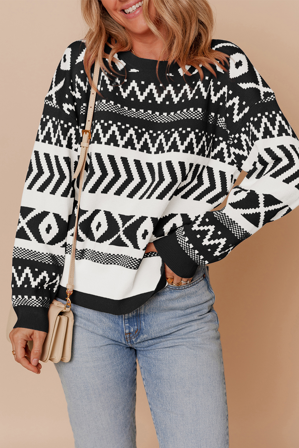 Brown Abstract Print Pullover Sweater
