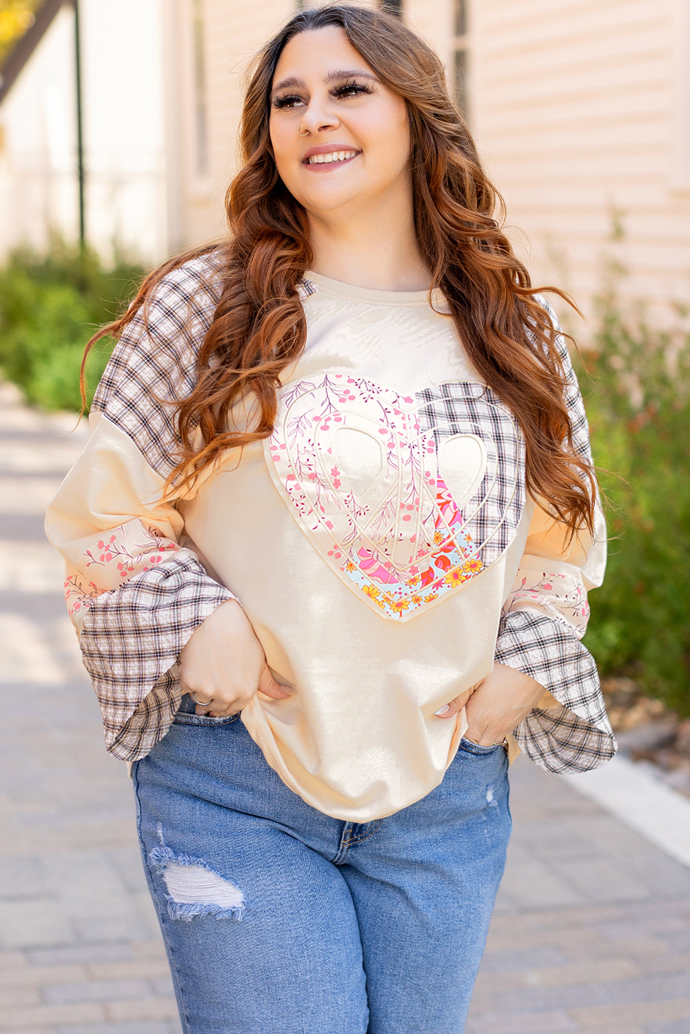 Beige Flower Patch Graphic Exposed Seam Wide Sleeve Top