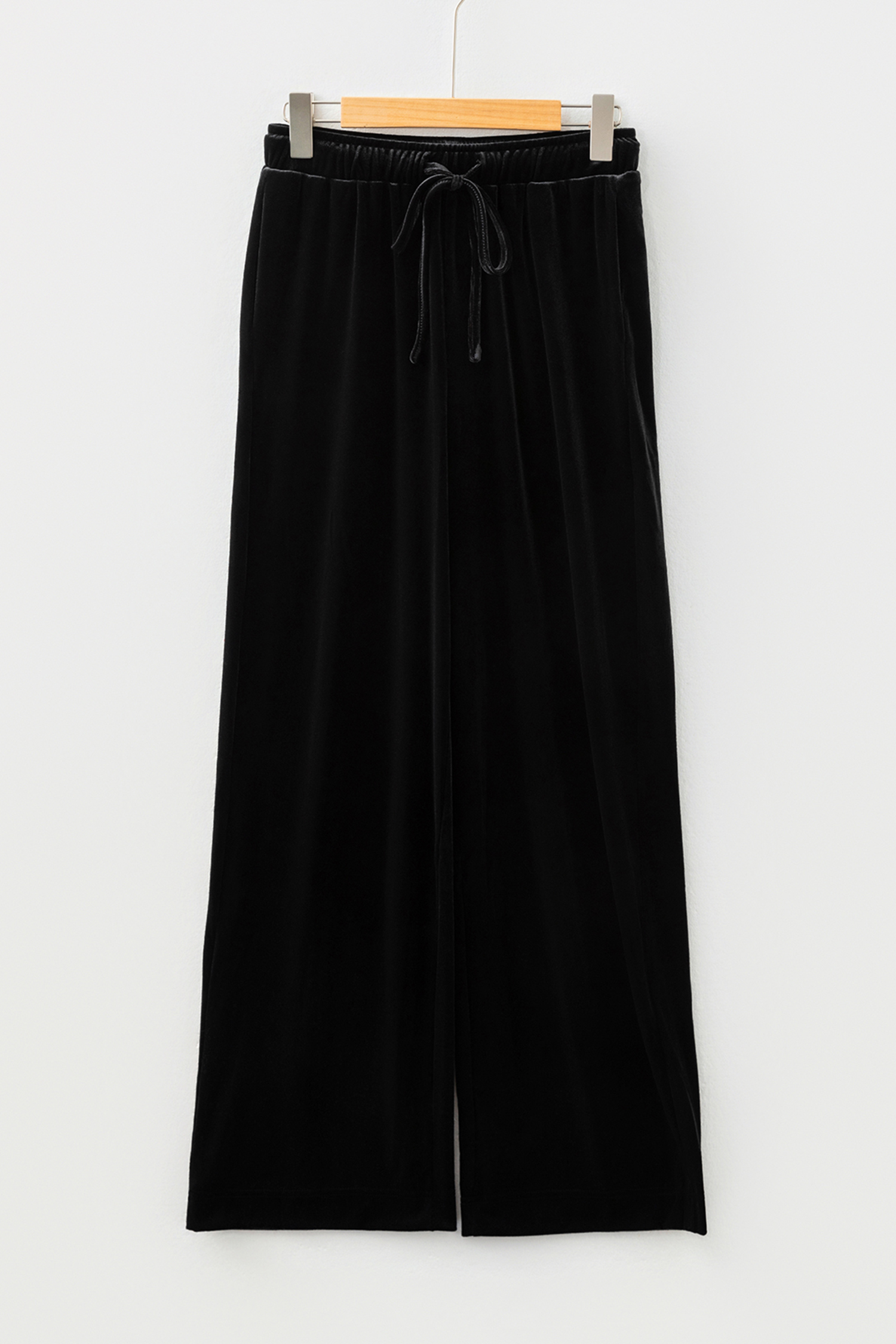 Black Shiny Velvet Drawstring High Waist Straight Leg Casual Pants