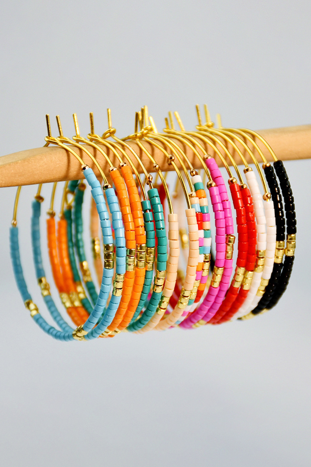 Rose Red 1 Pairs of Rice Beads Gold Plated Alloy Hoop Earrings