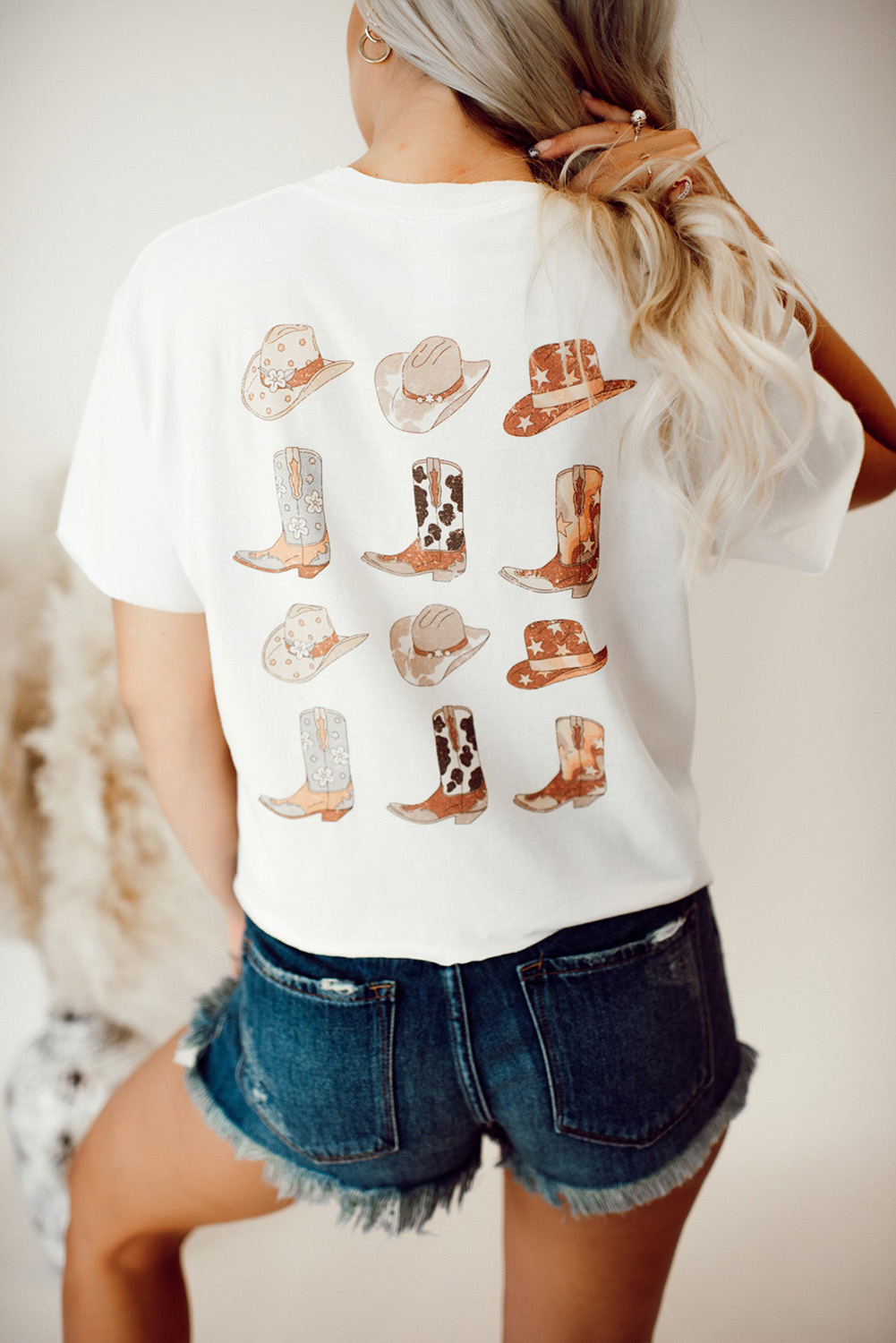 White Western Cowboy Boots Print Round Neck T Shirt