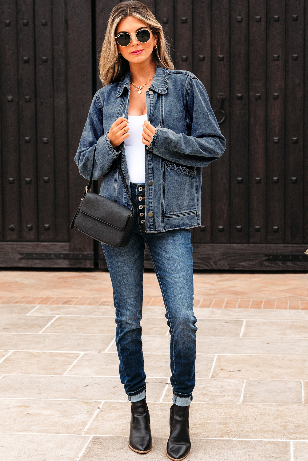 Myosotis Scallop Trim Collar Patched Pocket Button Up Mineral Washed Denim Jacket