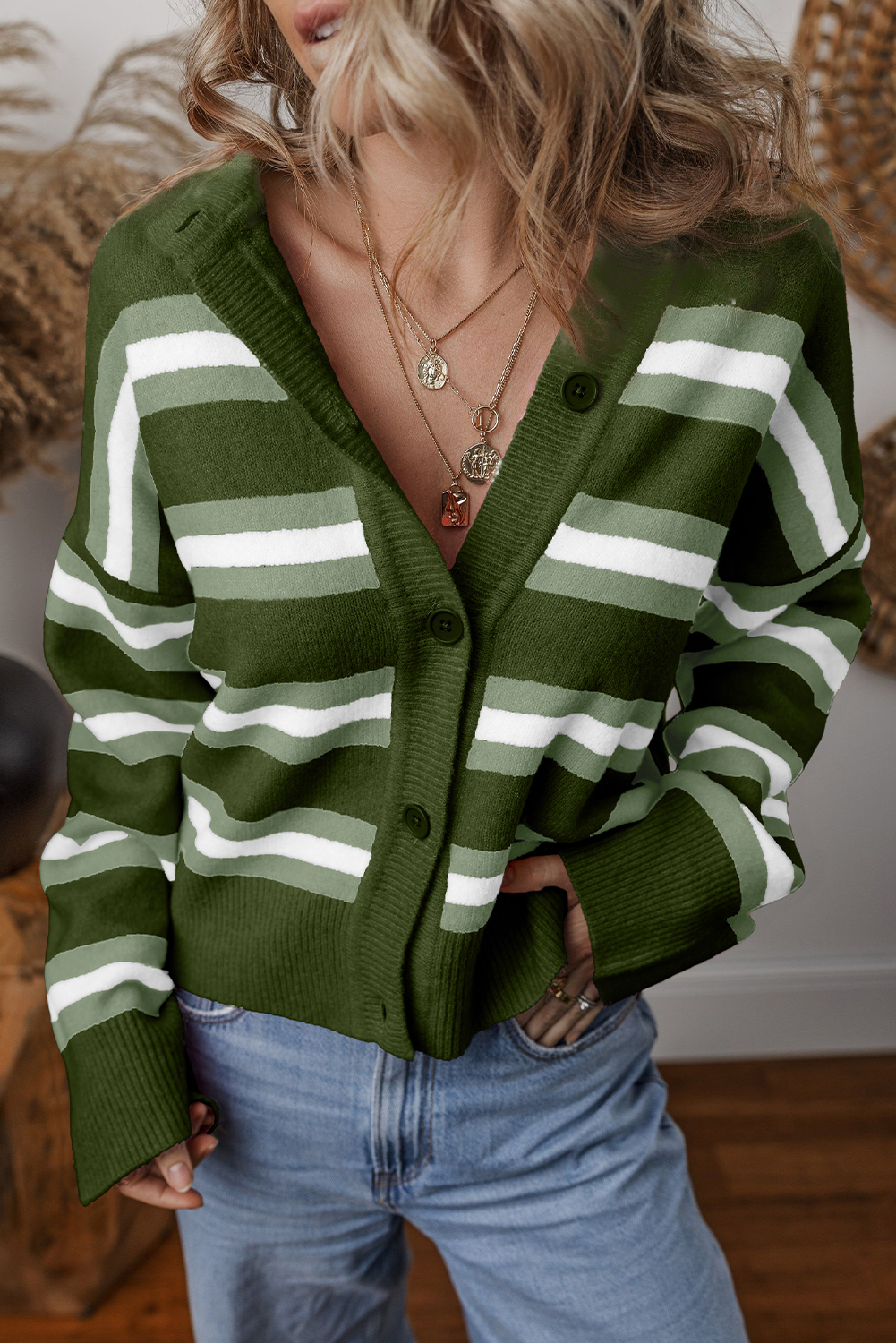 Green Stripe Drop Shoulder Buttons Cardigan Sweater