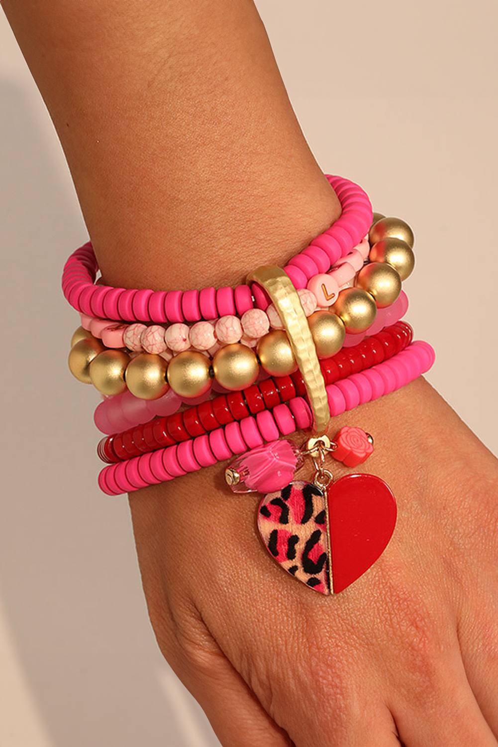 Rose Red Multi Beaded Stack Bracelet with Leopard Heart Charm