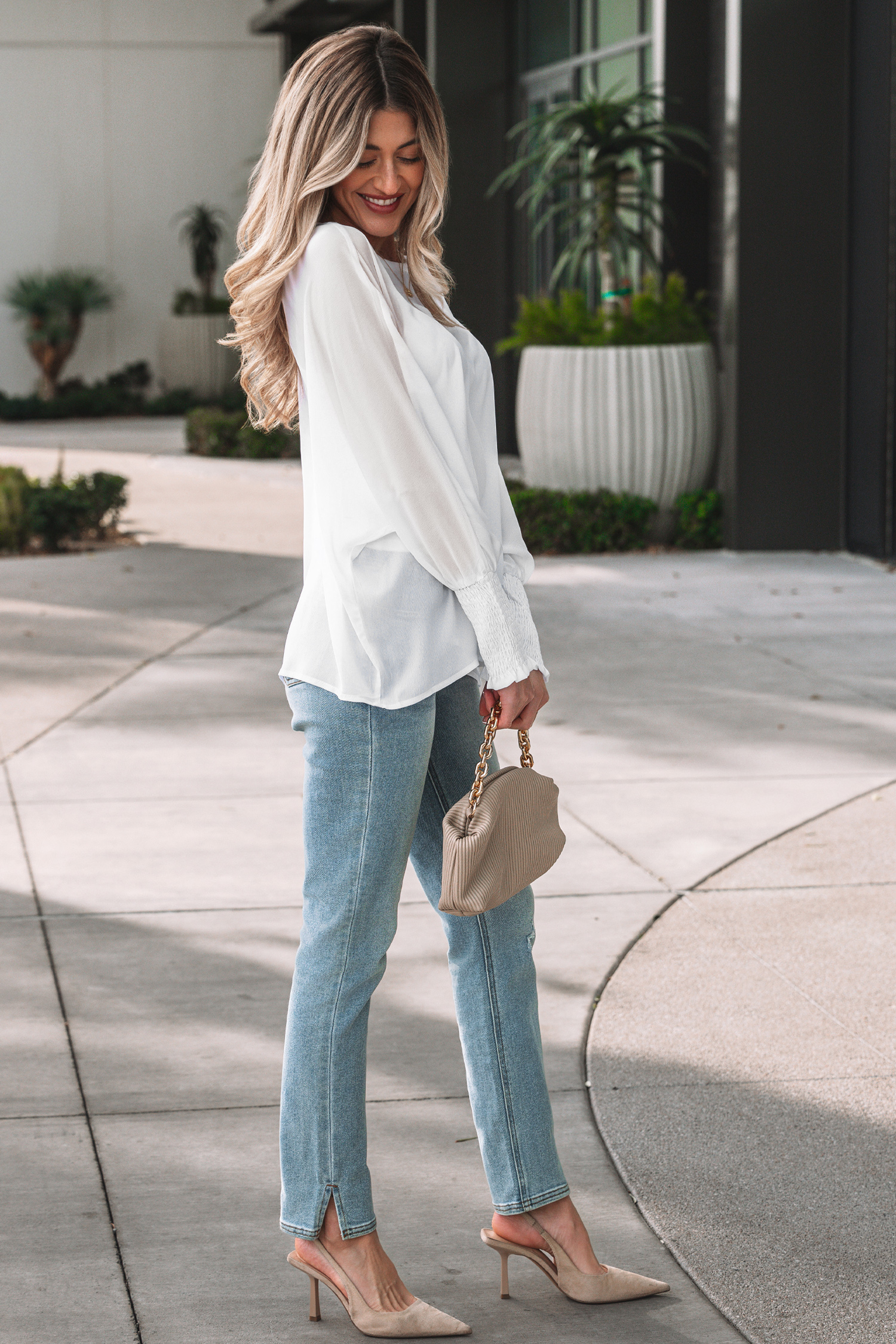 White Smocked Cuffs Semi Sheer Long Sleeve Dolman Blouse