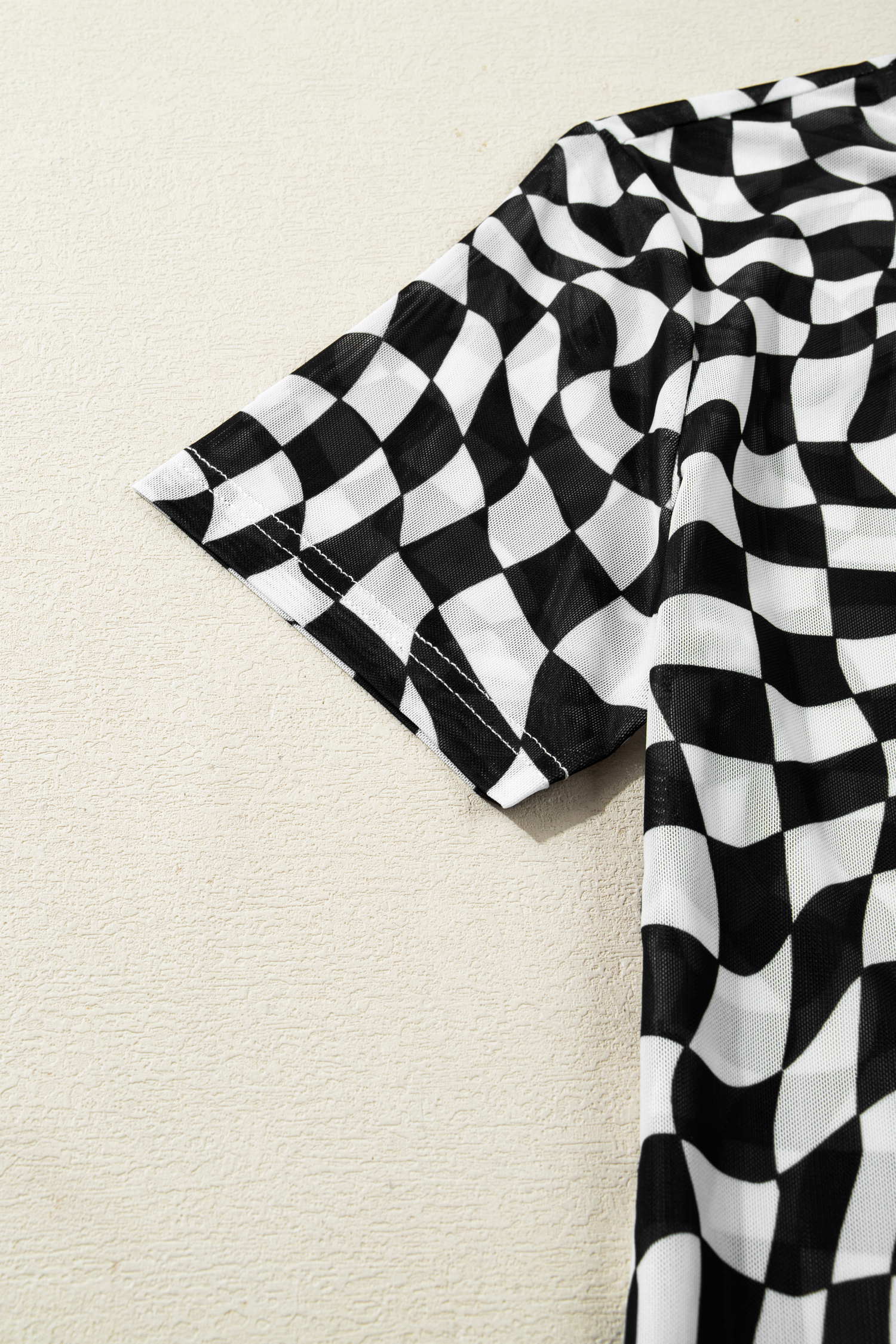 Purple Checkered Print Mock Neck Mesh T Shirt