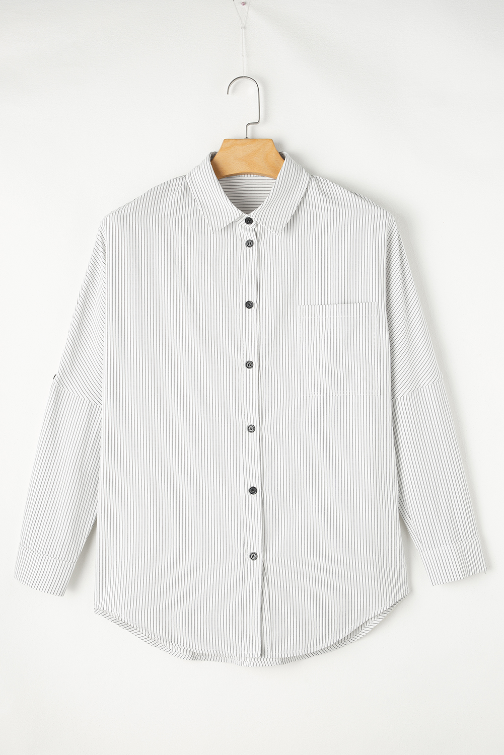 DEAR-LOVER Stripe Roll-tab Sleeve Pocketed Long Shirt