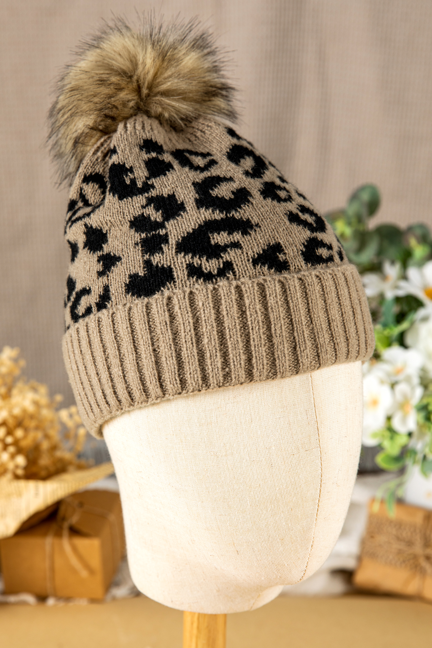 Light French Beige Faux Fur Pompom Leopard Knit Beanie