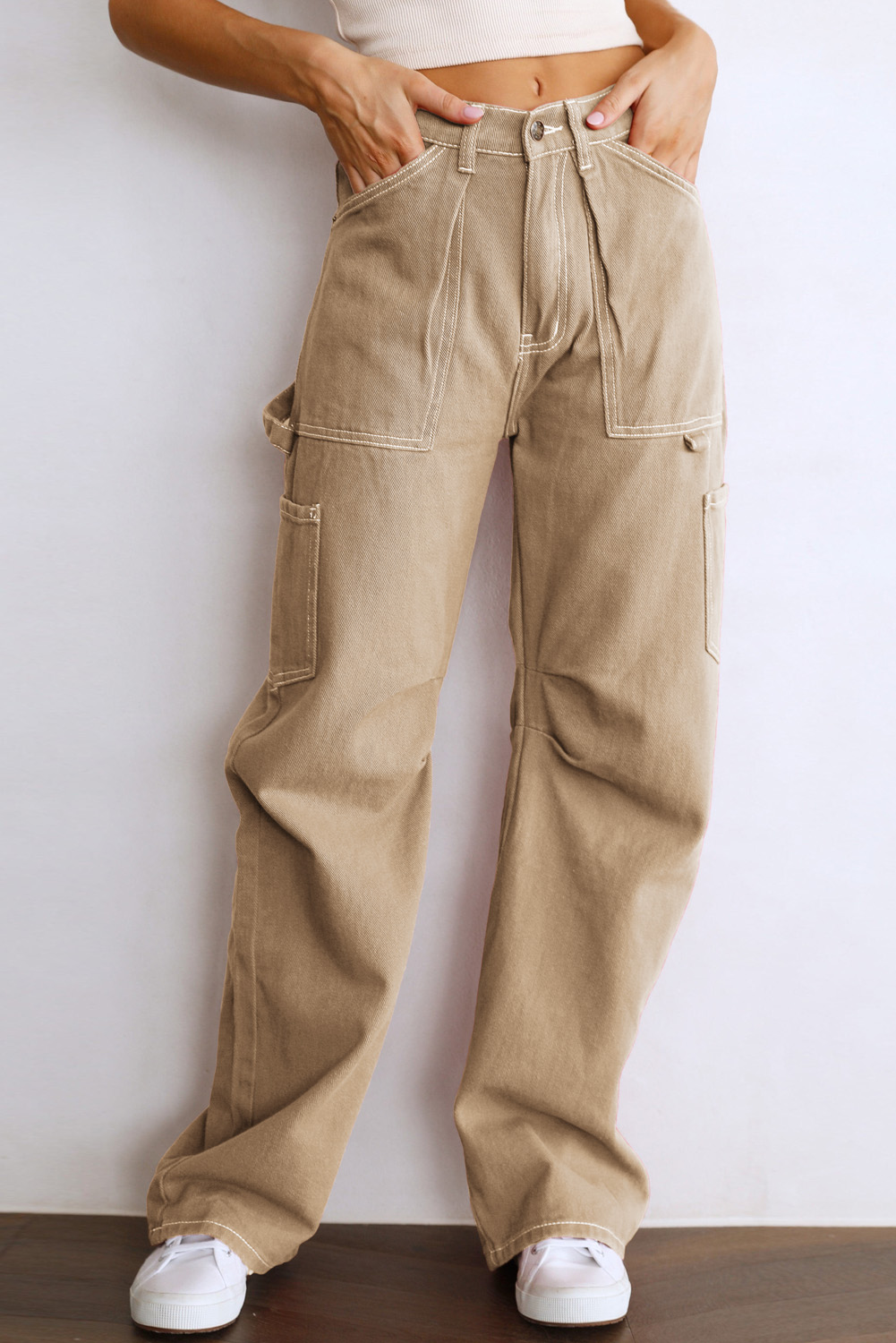 White High Waist Straight Leg Cargo Pants with Pockets