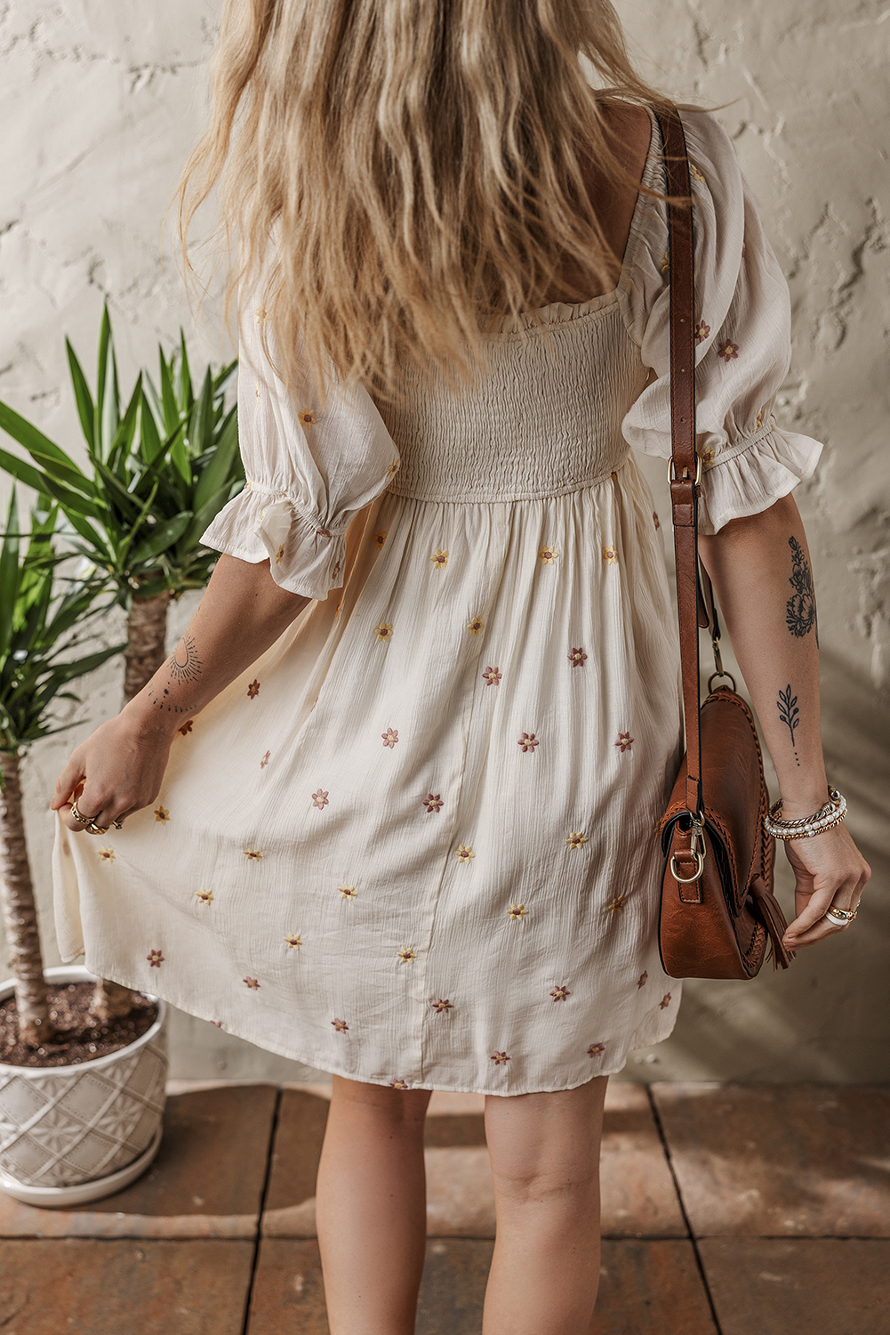Beige Embroidered Flower Smocked Bust Half Puff Sleeve Empire Waist Textured Flowy Dress