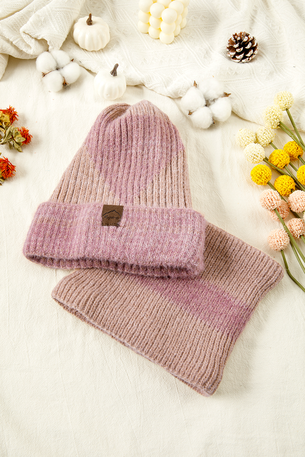 Peach Blossom Cozy Sherpa Liner Stylish Knitted Beanie and Scarf Set