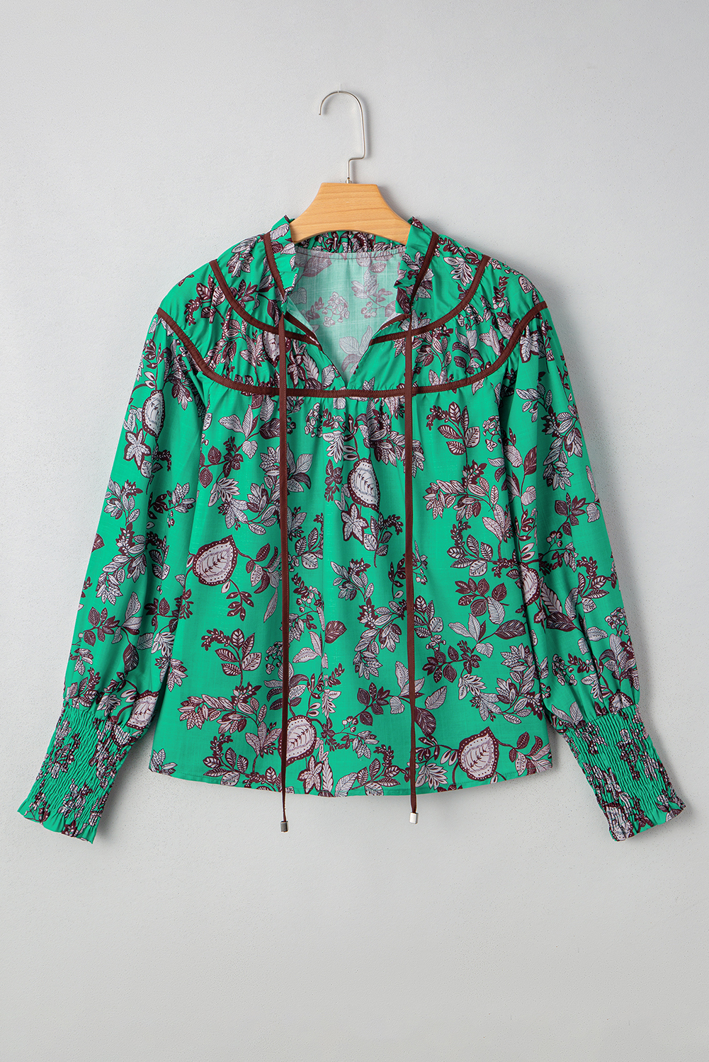 Green Leaves Print Contrast Trim V Neck Shirred Puff Sleeve Blouse
