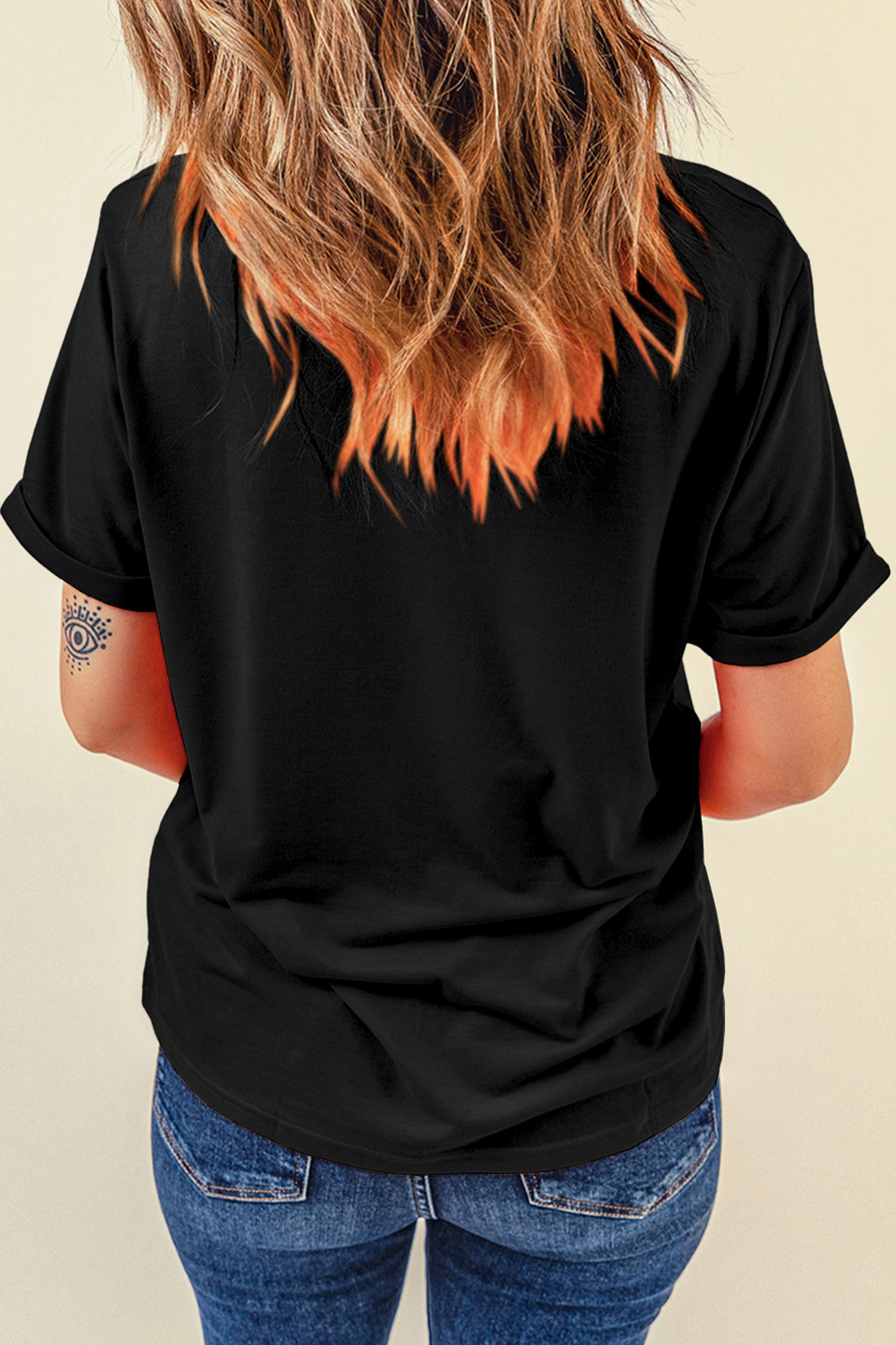 Black LUCKY Rhinestone Graphic Rolled Sleeve Tee