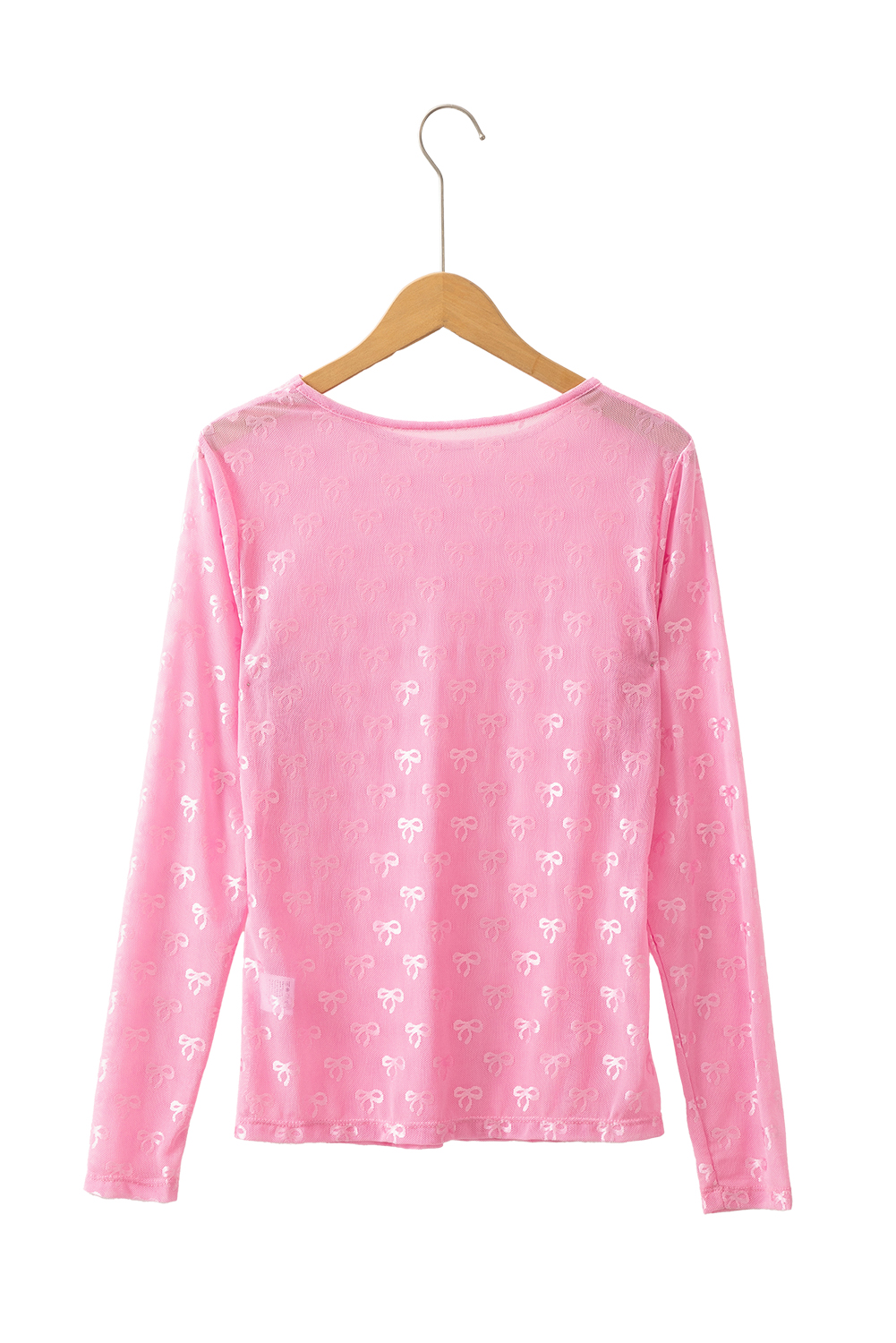 Pink Round Neck Bow Print Long Sleeve Mesh Top