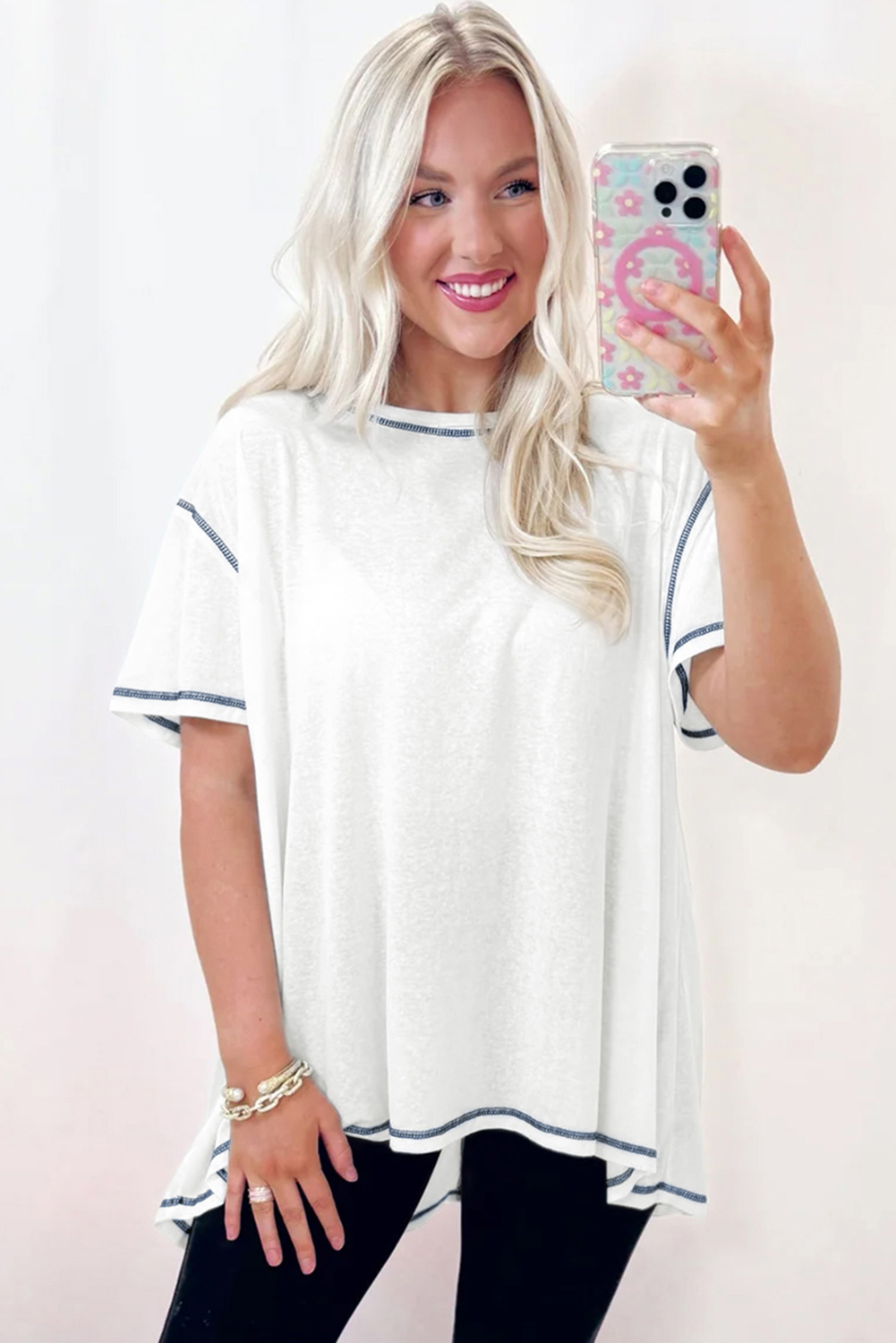 White Contrast Exposed Stitching Relaxed Fit T Shirt
