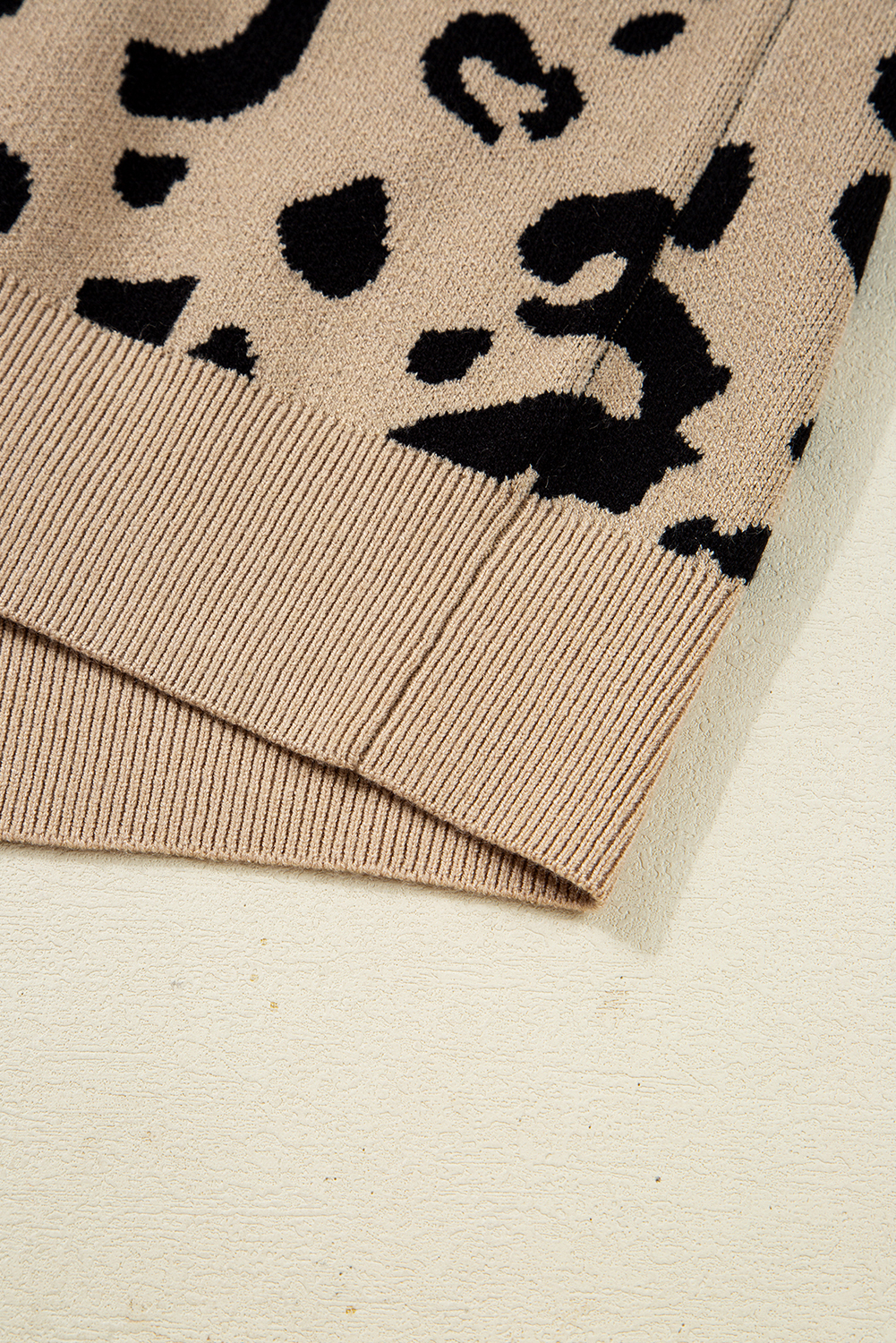 Dearlovers Brown Leopard Pattern Lace Ribbed Detail Button Cuffed Sweater