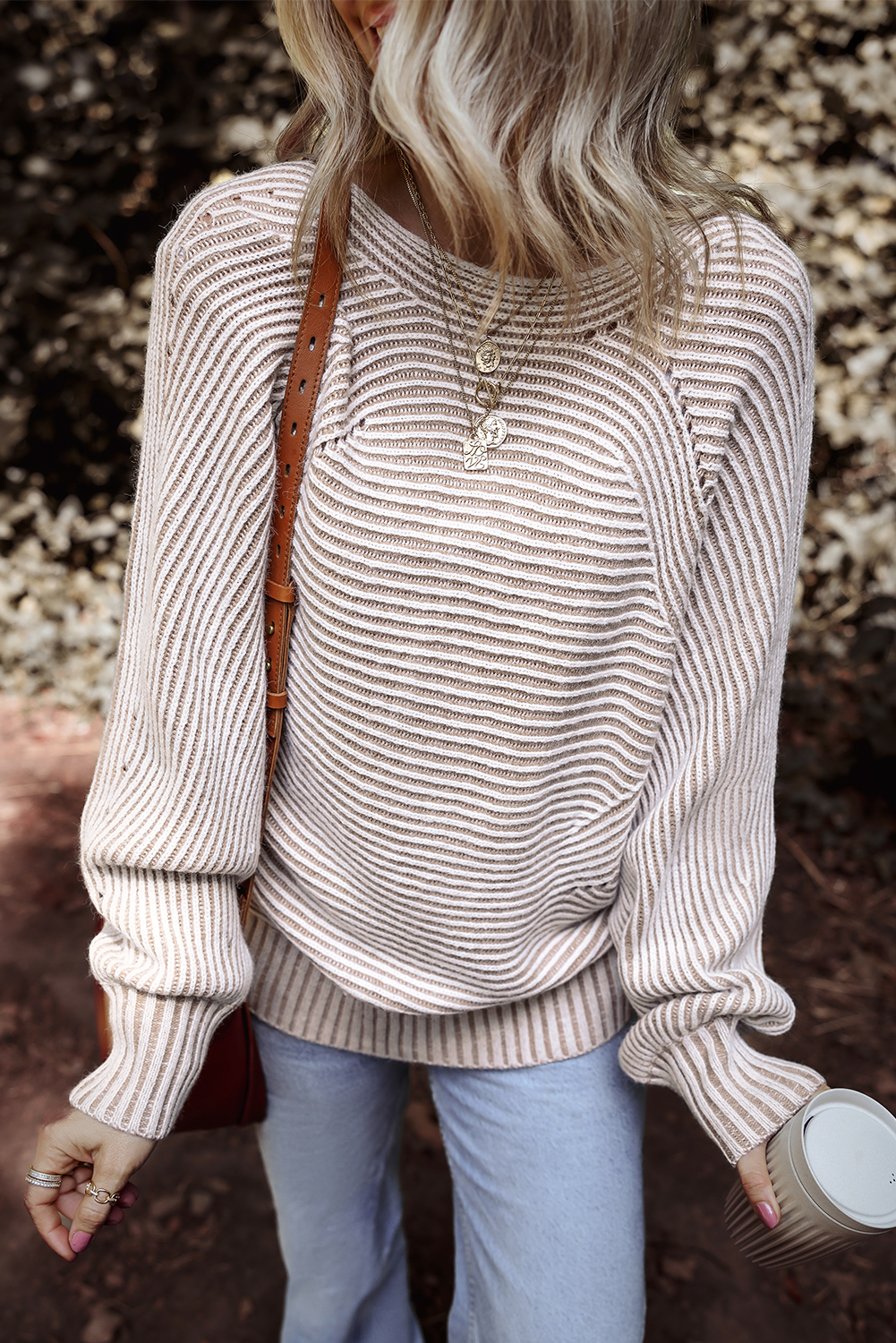 Coffee Striped Print Ribbed Knit Boat Neck Baggy Sweater