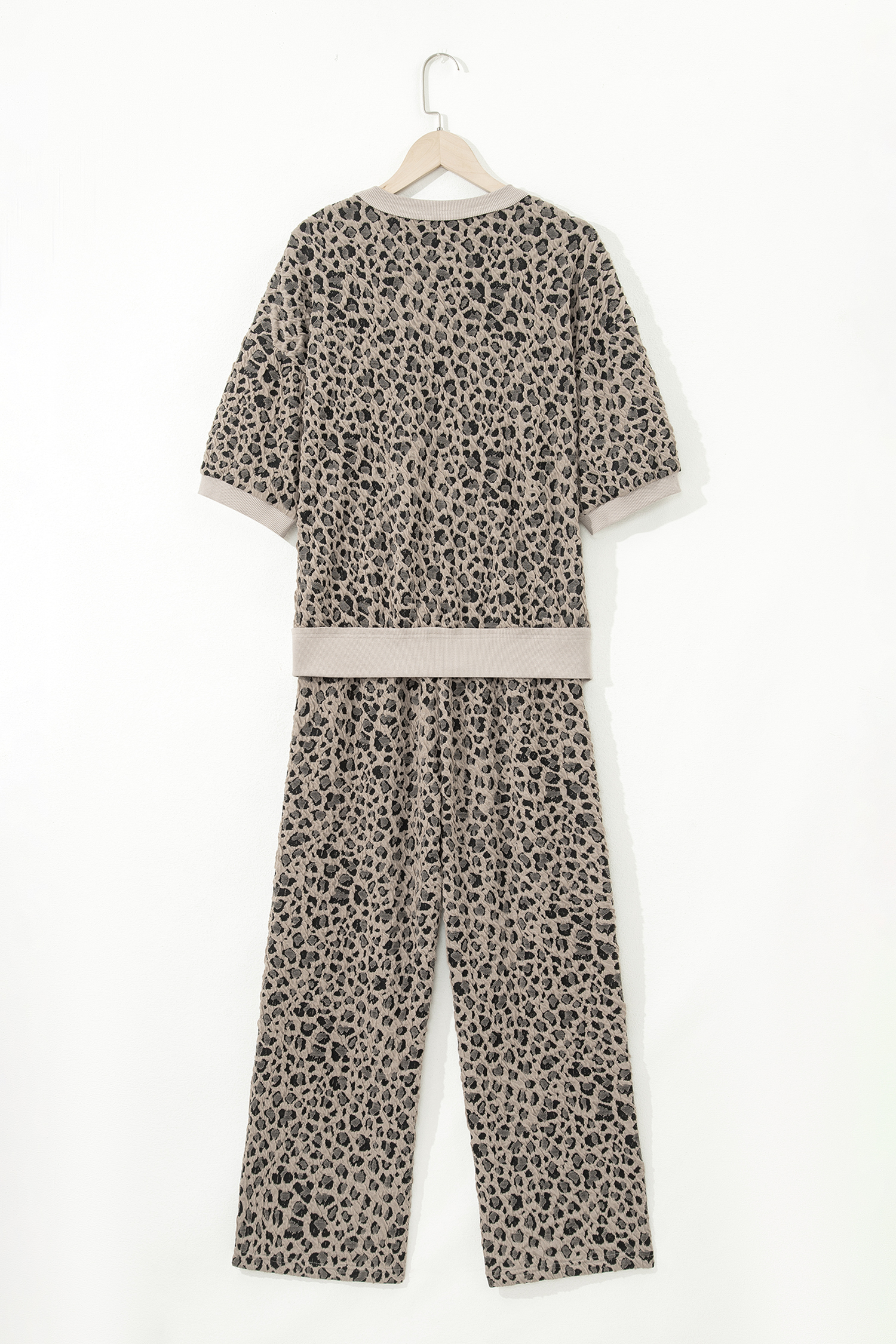 Khaki Jacquard Leopard Half Sleeve Jumper Wide Leg Pant Set