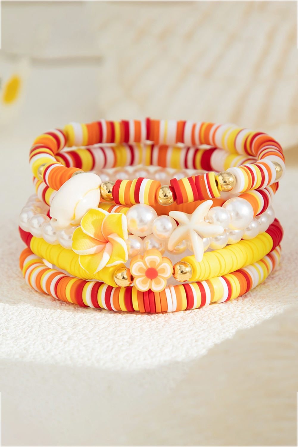 Yellow Starfish Shell Flower Pearl Beaded Multi Layer Bracelet
