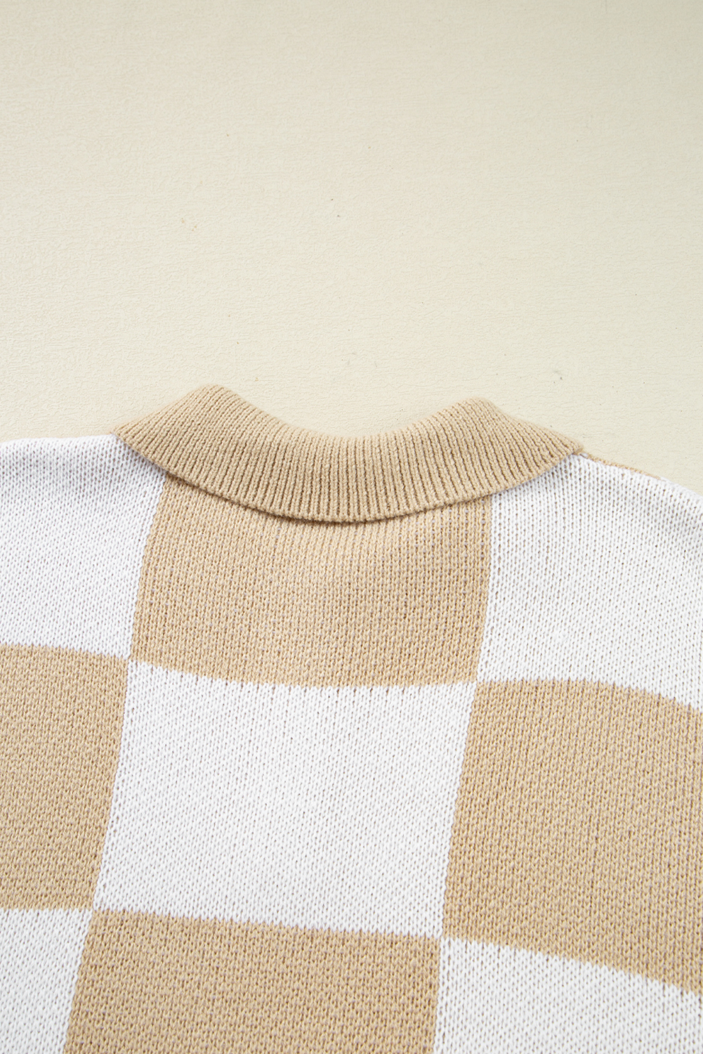 Mist Green Checkered Pattern Polo Collar Loose Sweater