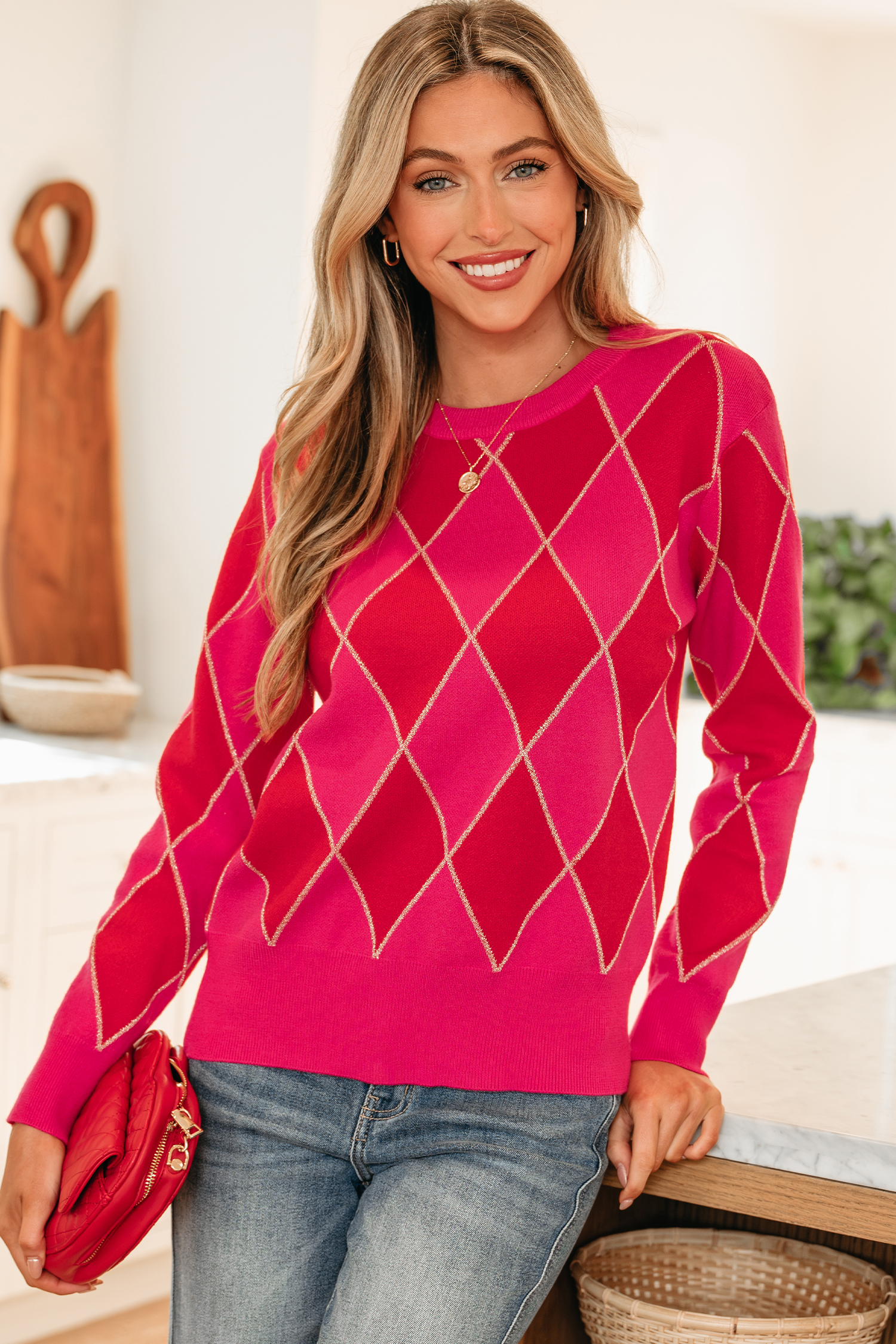Rose Glitter Trim Rhombus Pattern Knit Sweater Vest