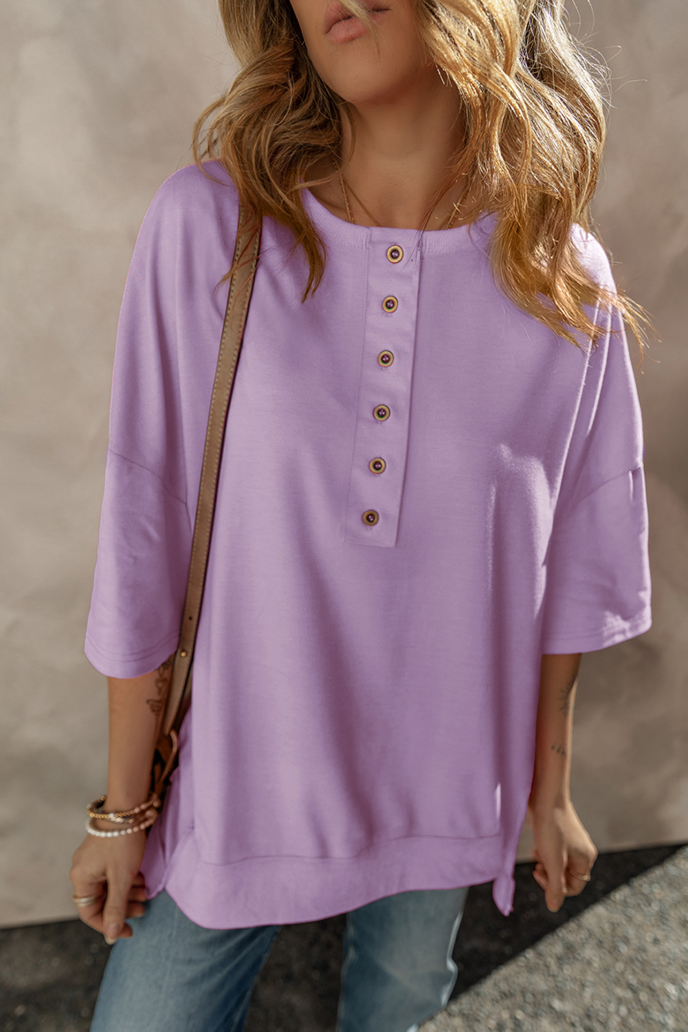 Jungle Green Exposed Seam Button Neck Wide Sleeve Tunic Top